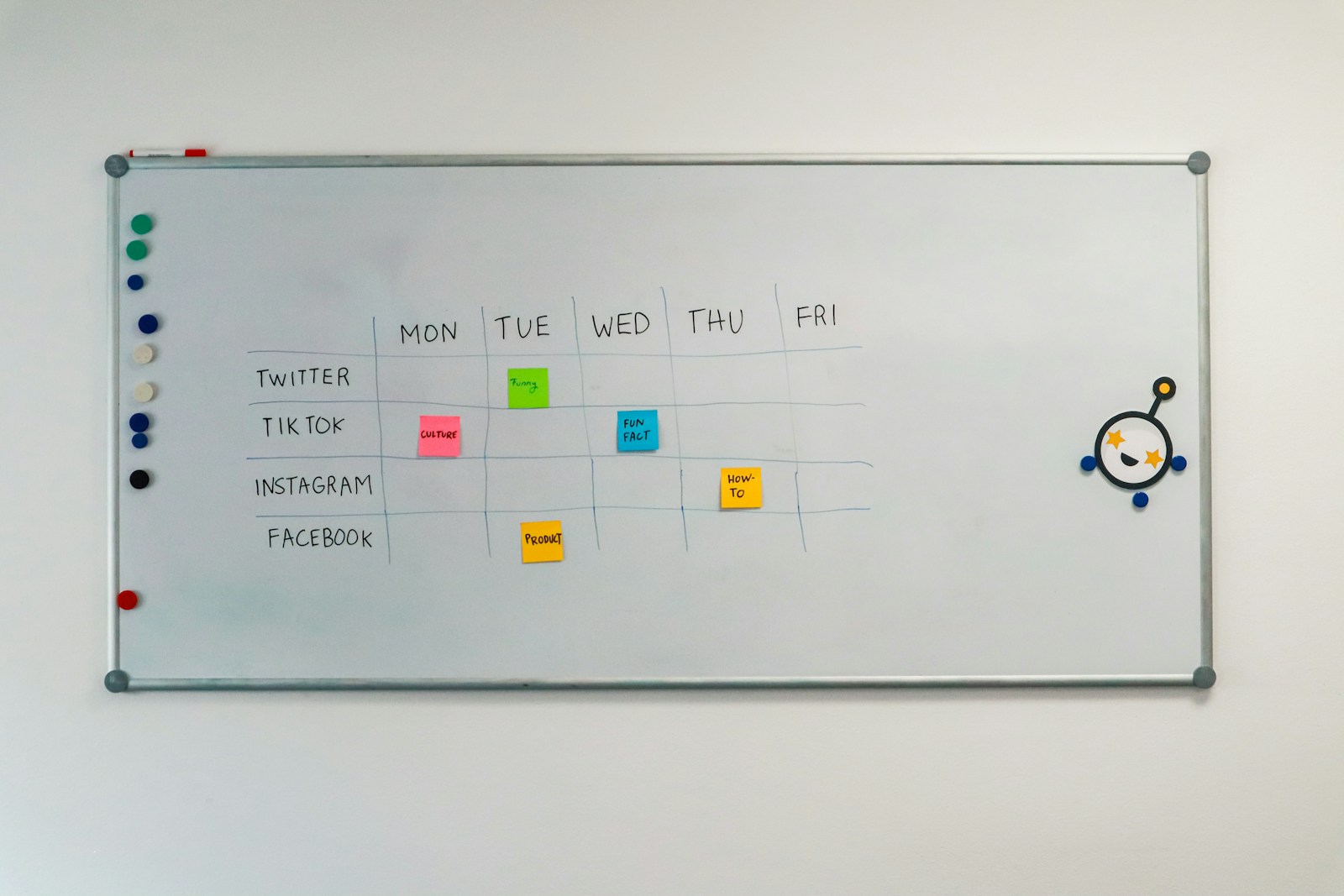 A white board with a bunch of stickers on it