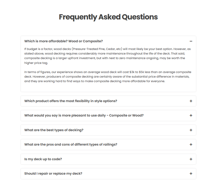 frequently asked questions section of a roofer website showing list of questions with anwers about roofing