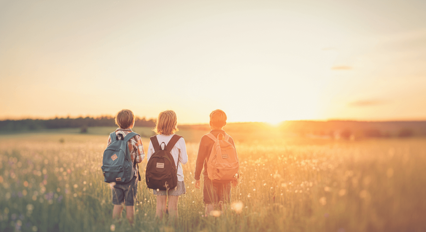 A soft sunset scene of a group of child friends standing in the distance with a backpack looking up in a middle of a vast field. Taken from a low perspective
