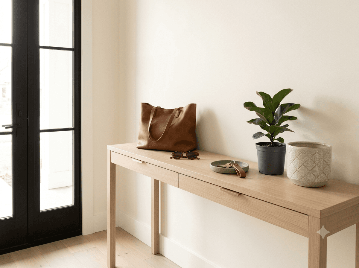 A console table by the front door holding a bag, sunglasses and a dish of keys, with a small plant waiting beside an empty planter.