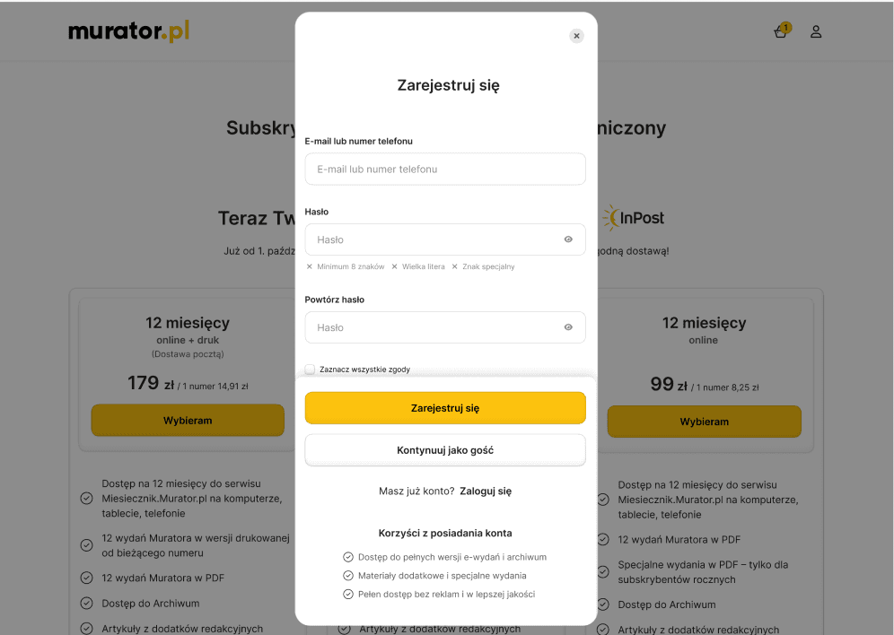Desktop Sign up modal for Murator featuring real-time password validation, visibility toggle, and a clear list of account benefits.