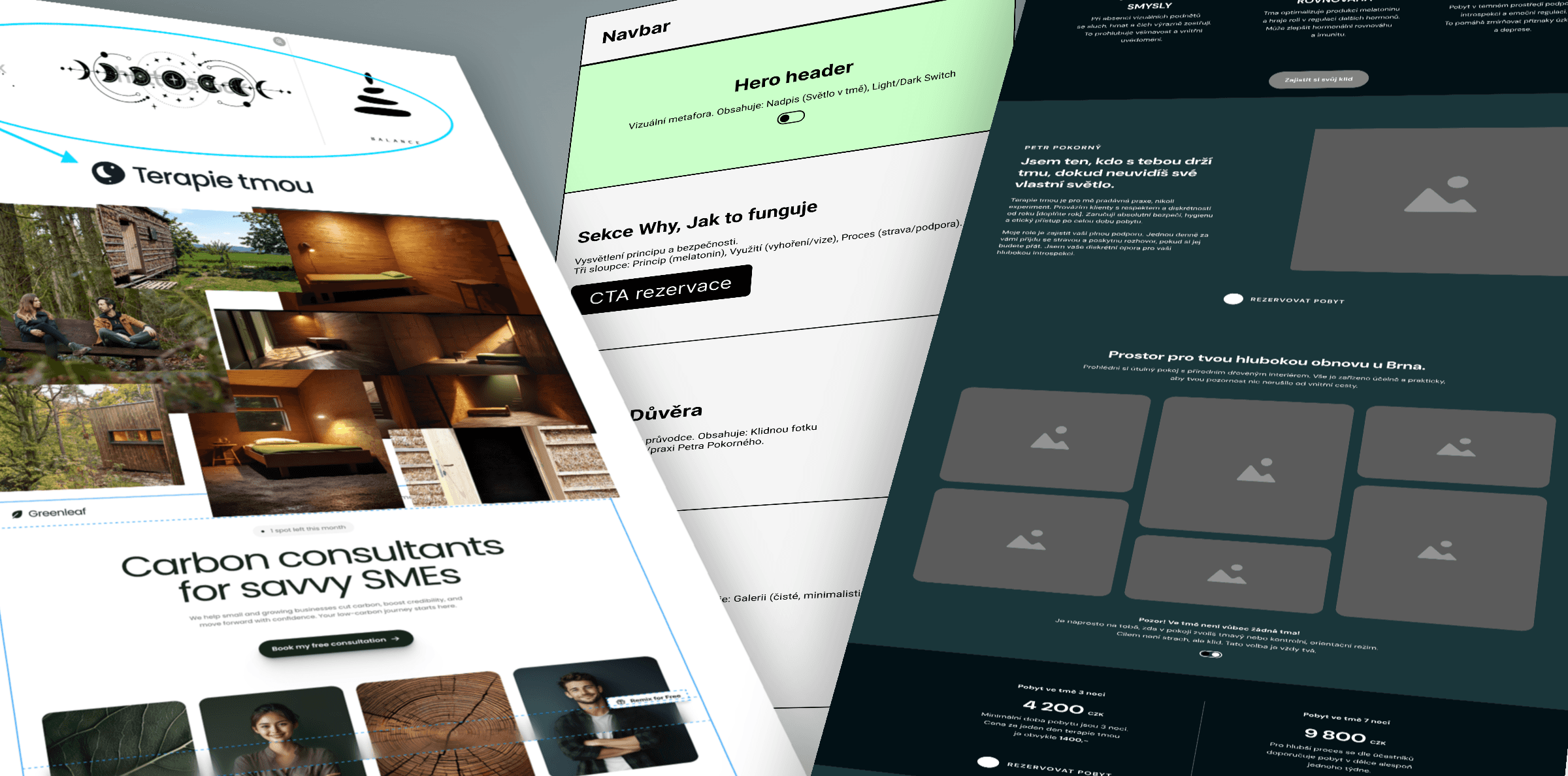 Vizualizace design procesu webu Terapie tmou: od raného Moodboardu a Sitemapy (zelené a bílé náčrty) po detailní Wireframy