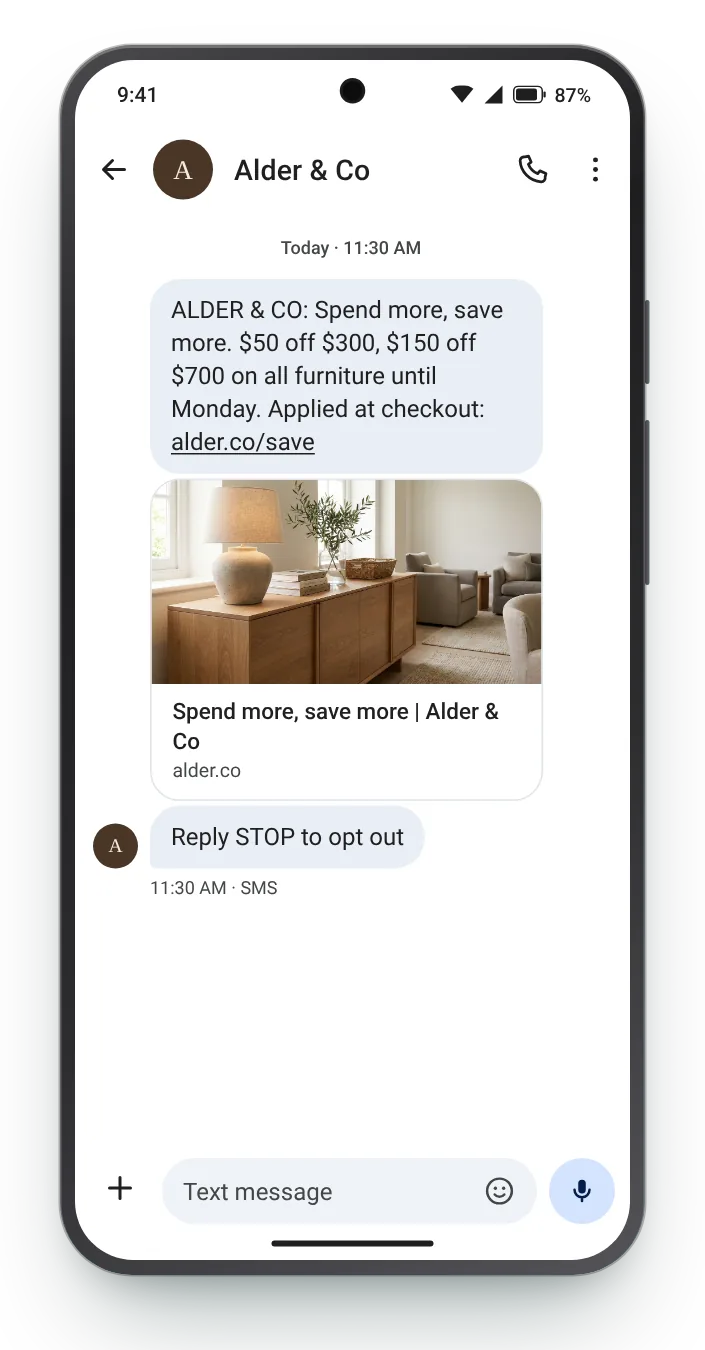 Spend more, save more promotional SMS on an Android phone