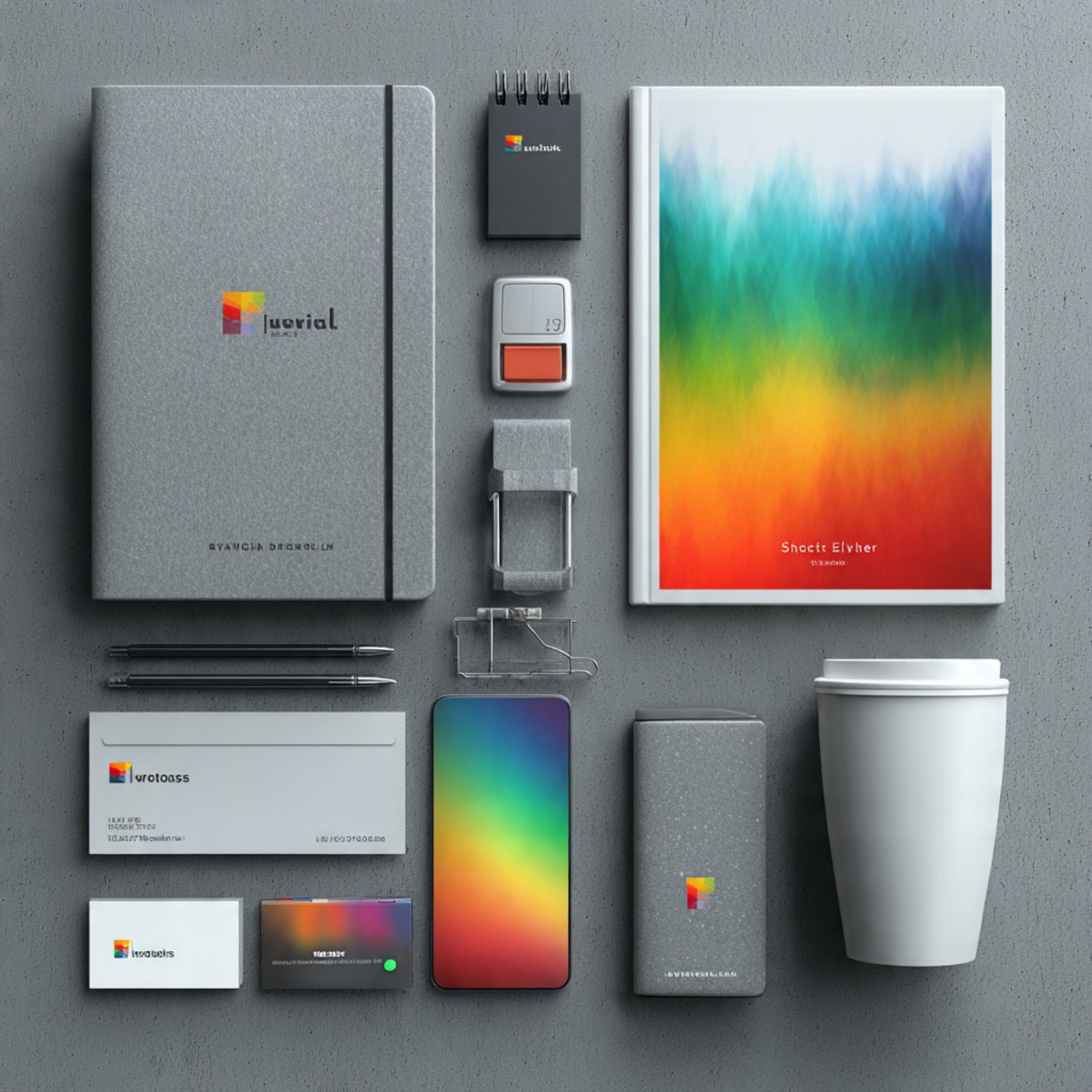 A neatly arranged set of gray office supplies on a gray surface, featuring notepads, a smartphone, pens, and a colorful gradient book cover, conveying a sleek, modern vibe.