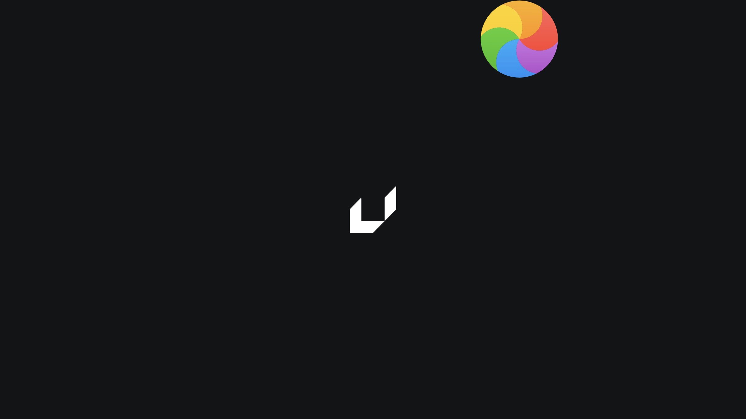 Minimalist screen saver design with a colorful spinning icon and geometric logo on a dark background