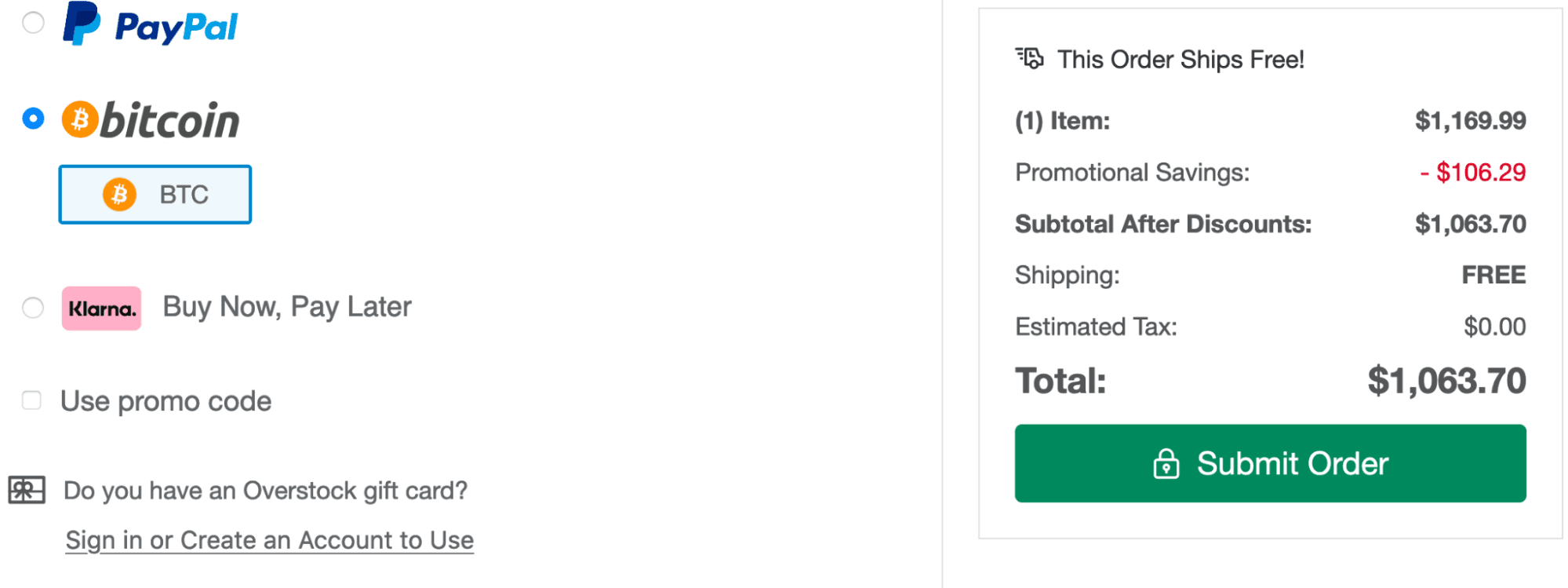 Overstock checkout shows BTC as one of the payment methods