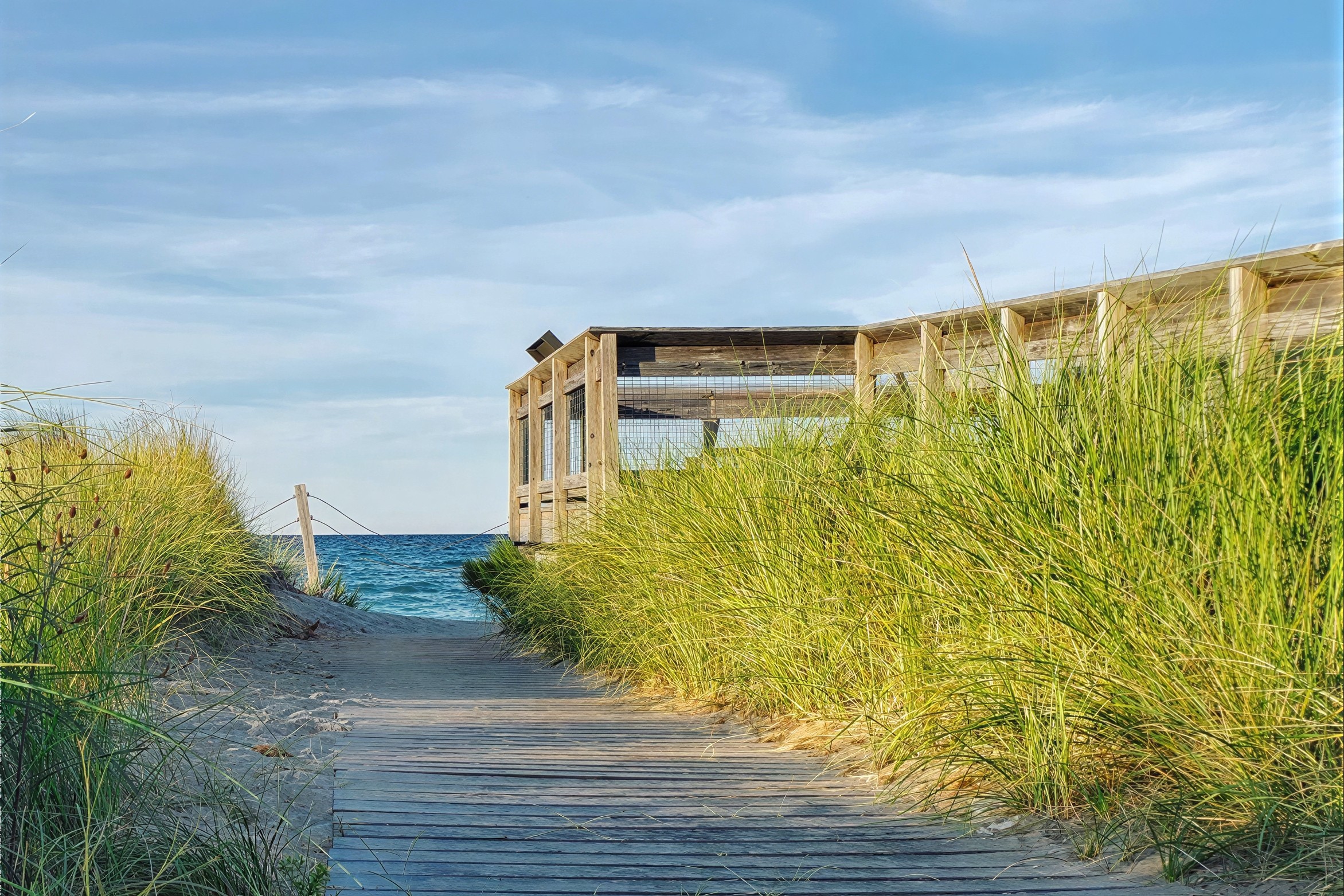 Sandy boardwalk path through dune grass to Lake Michigan