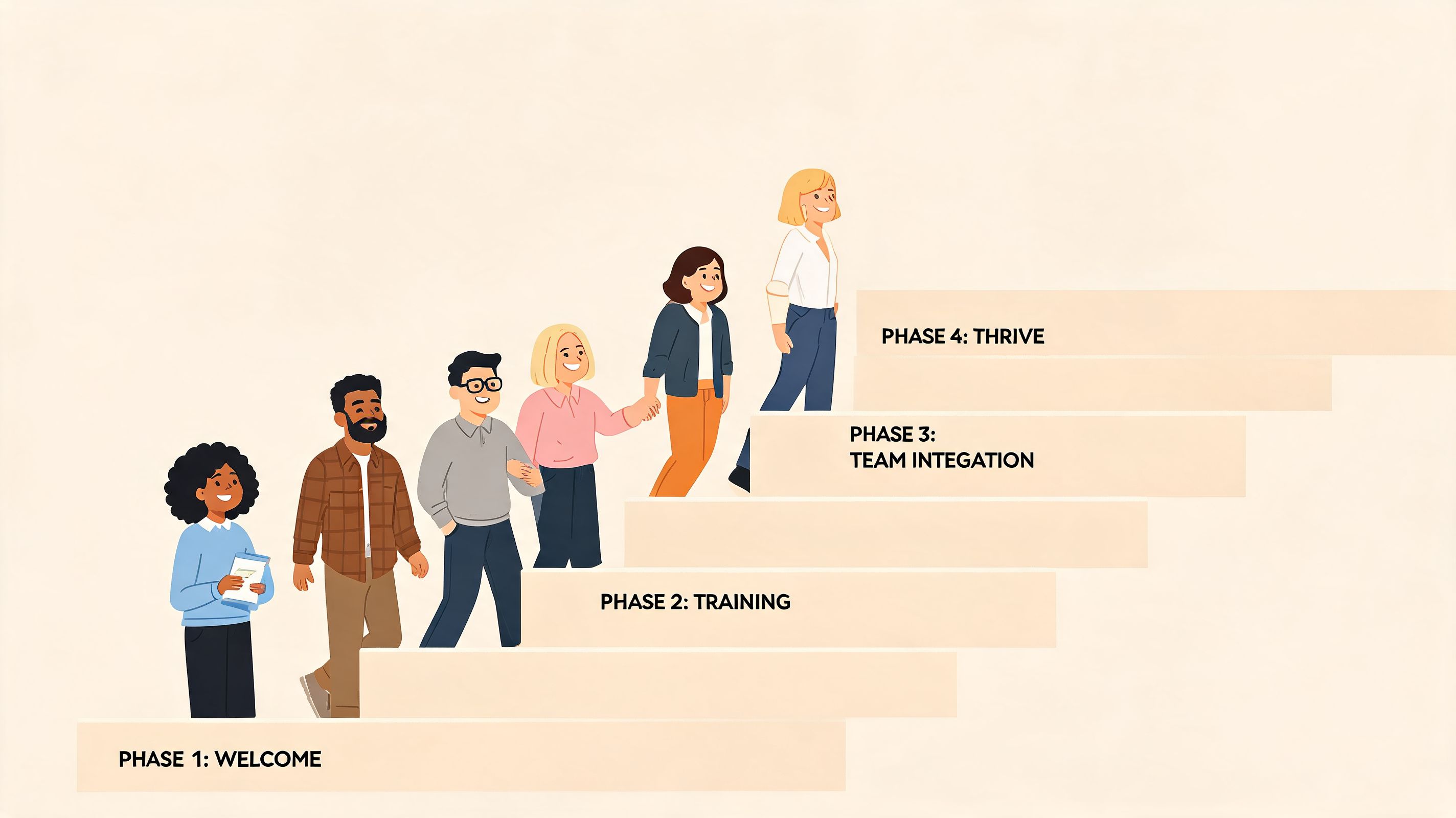 A diverse group of employees walking up a staircase representing four phases of workplace onboarding and integration.