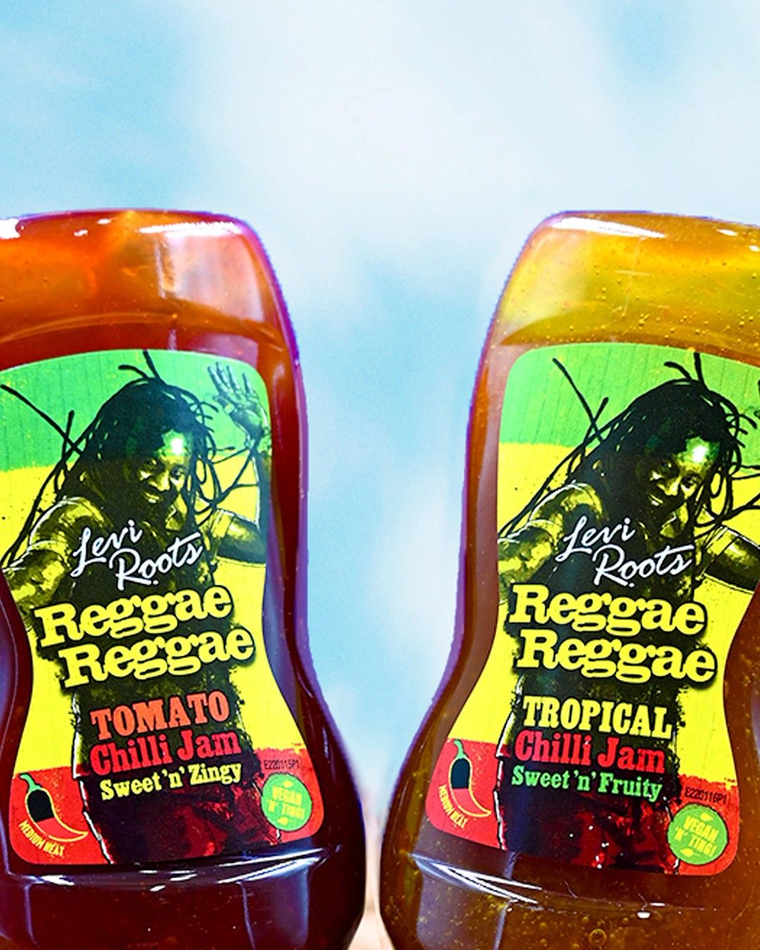 Close up of Levi Roots Chilli Jams bottles