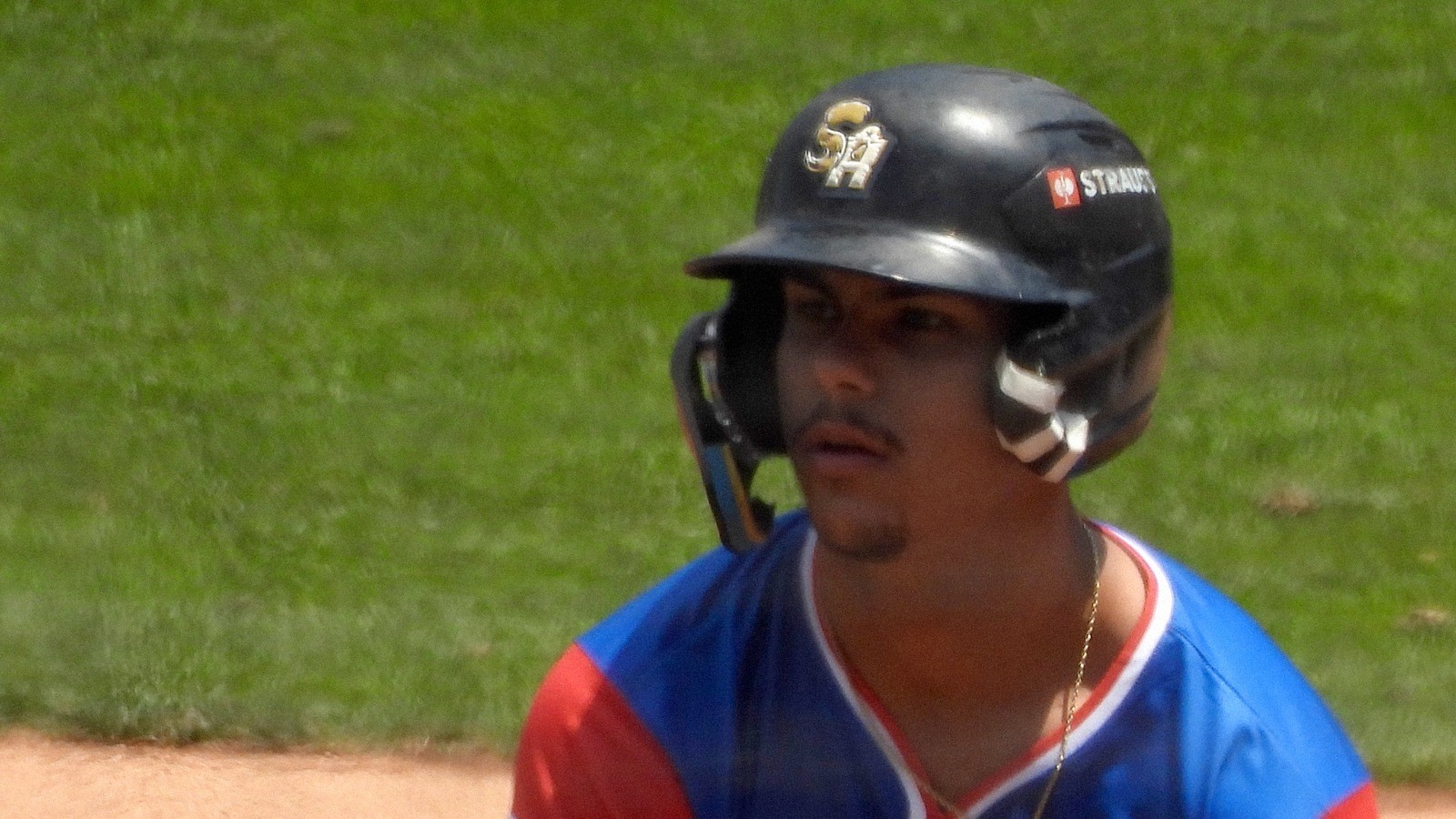 Close-up of Ethan Salas in a batting helmet at the Futures Game, face centered