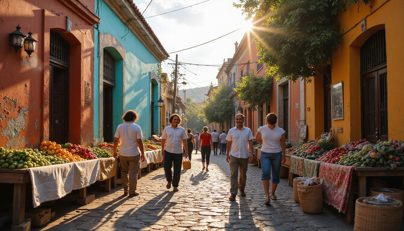 A vibrant Mexico City street bustling with market stalls, lively vendors, and a relaxed group of people carrying baskets.