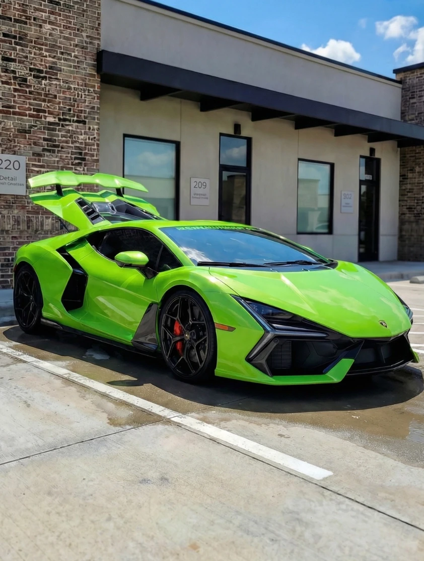 Professional mobile car detailing in Houston featuring a lime green Lamborghini Revuelto with a ceramic coating finish parked outside a detailing studio.