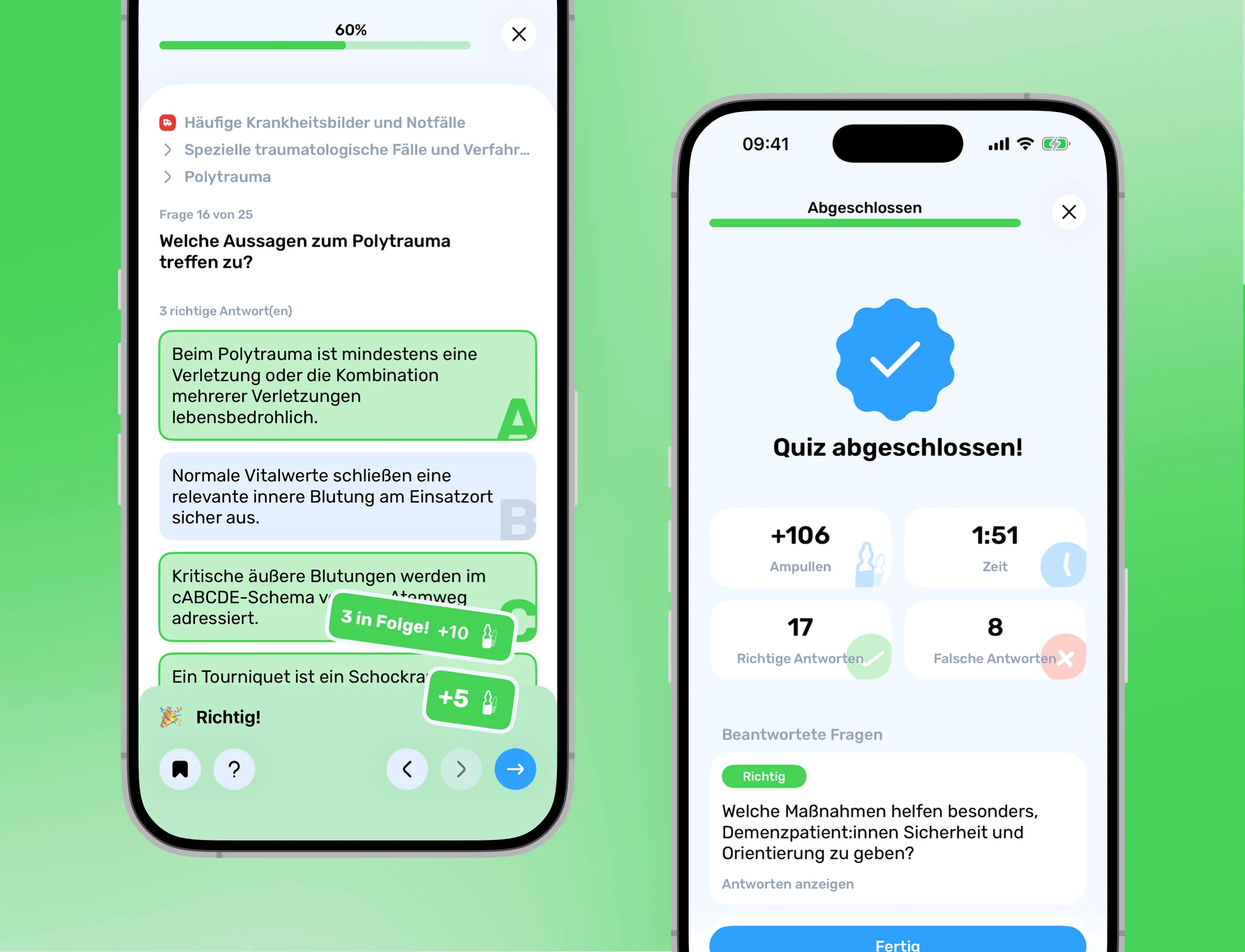 Screenshots der App: Quiz und Quiz-Zusammenfassung