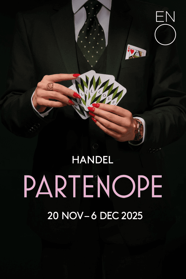 Person in suit holding playing cards with "Partenope" text.