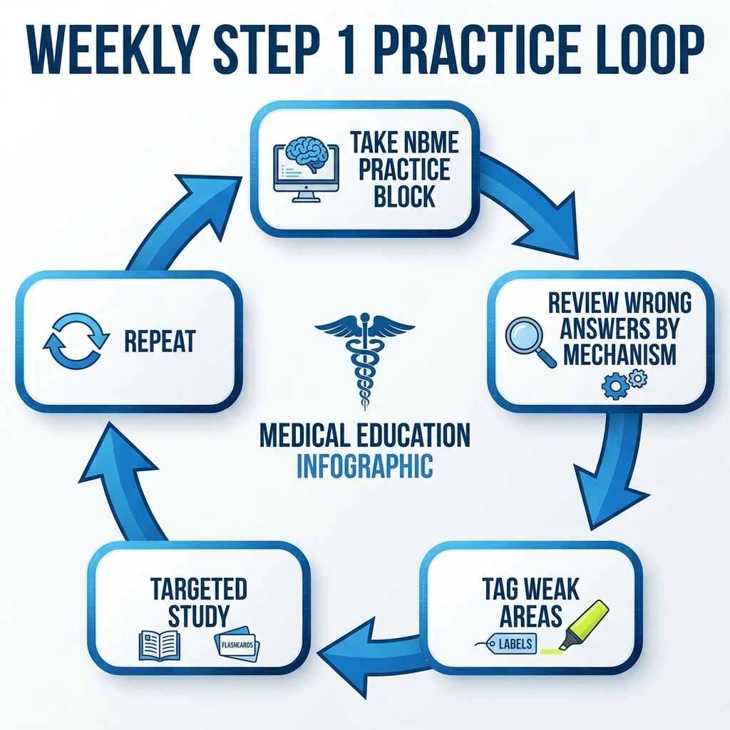 Weekly Step 1 practice loop for systematic weak area identification