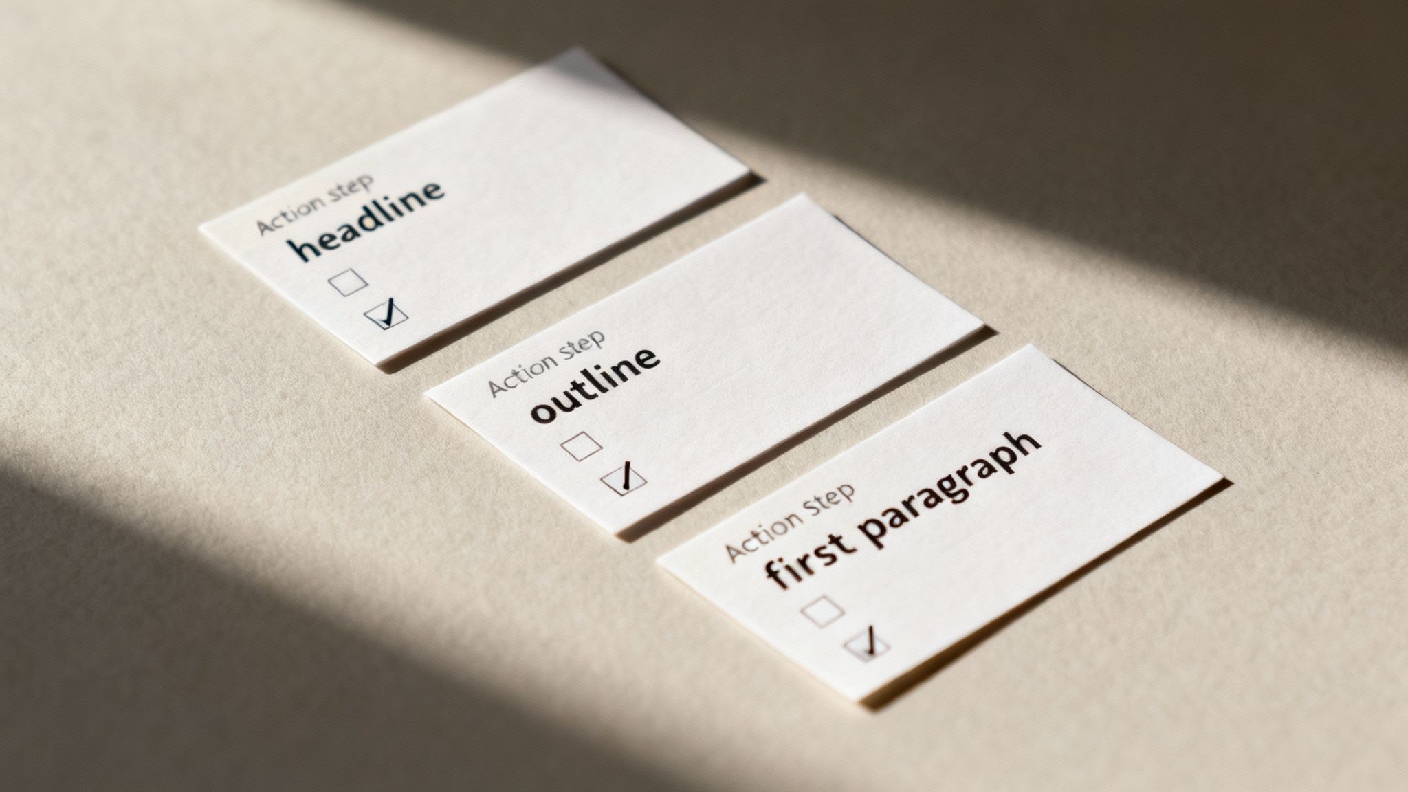 Three white cards showing completed action steps for writing: headline, outline, first paragraph.