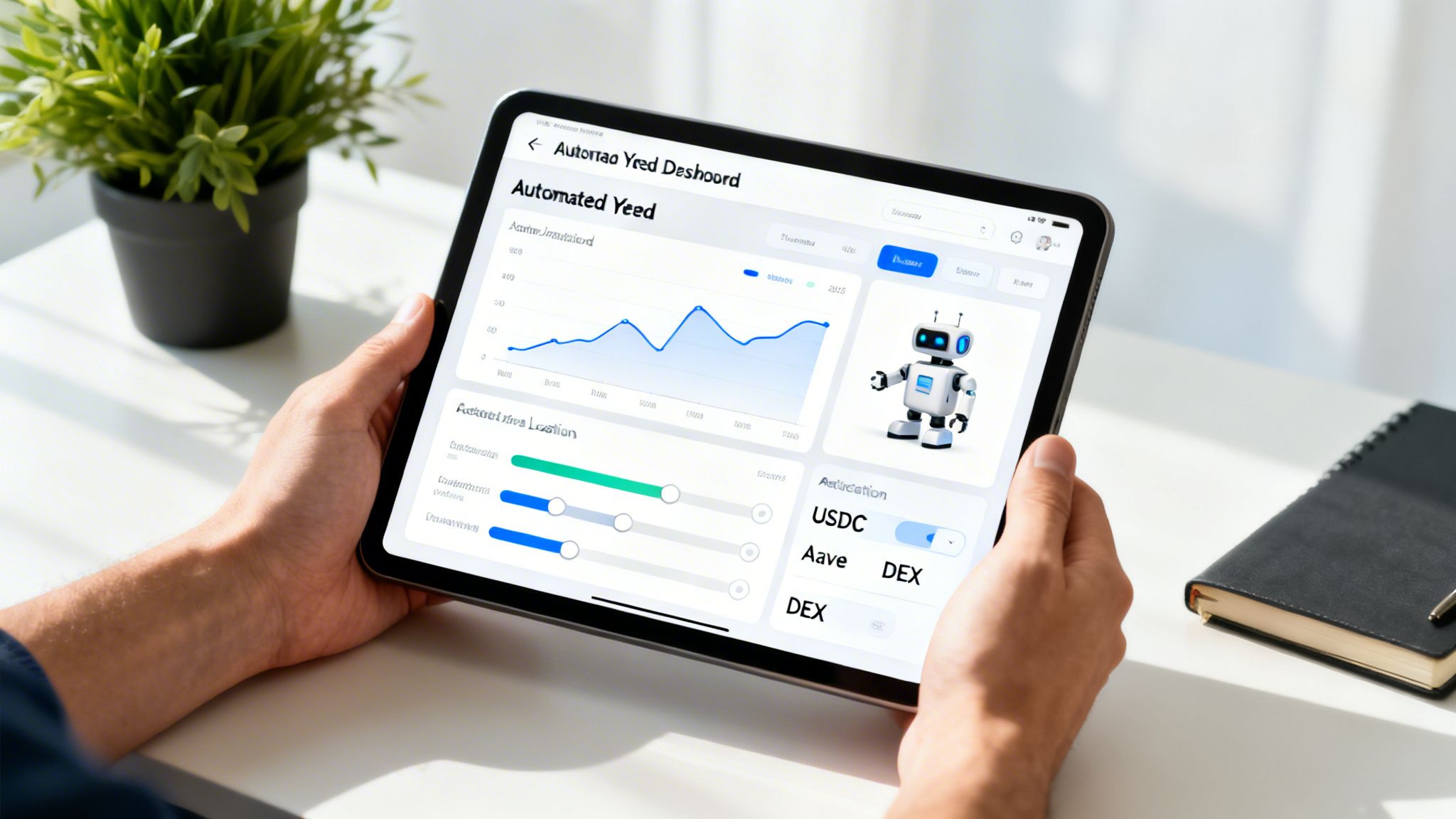Person holds a tablet showing an automated yield dashboard with a graph, sliders, and a robot.