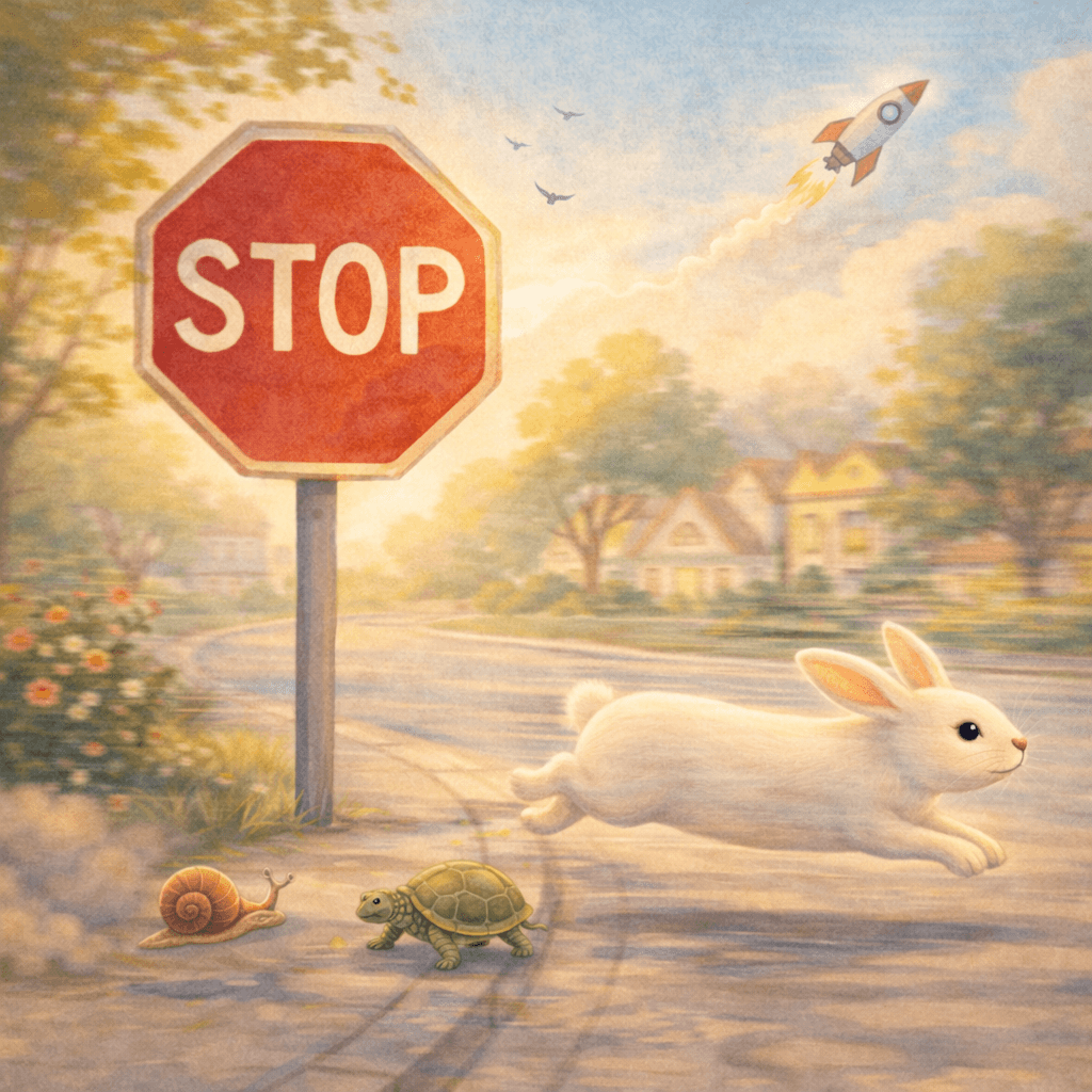 Ilustração em aquarela de um coelho correndo rápido enquanto uma lesma e uma tartaruga seguem devagar, simbolizando diferentes ritmos de acúmulo de pontos.