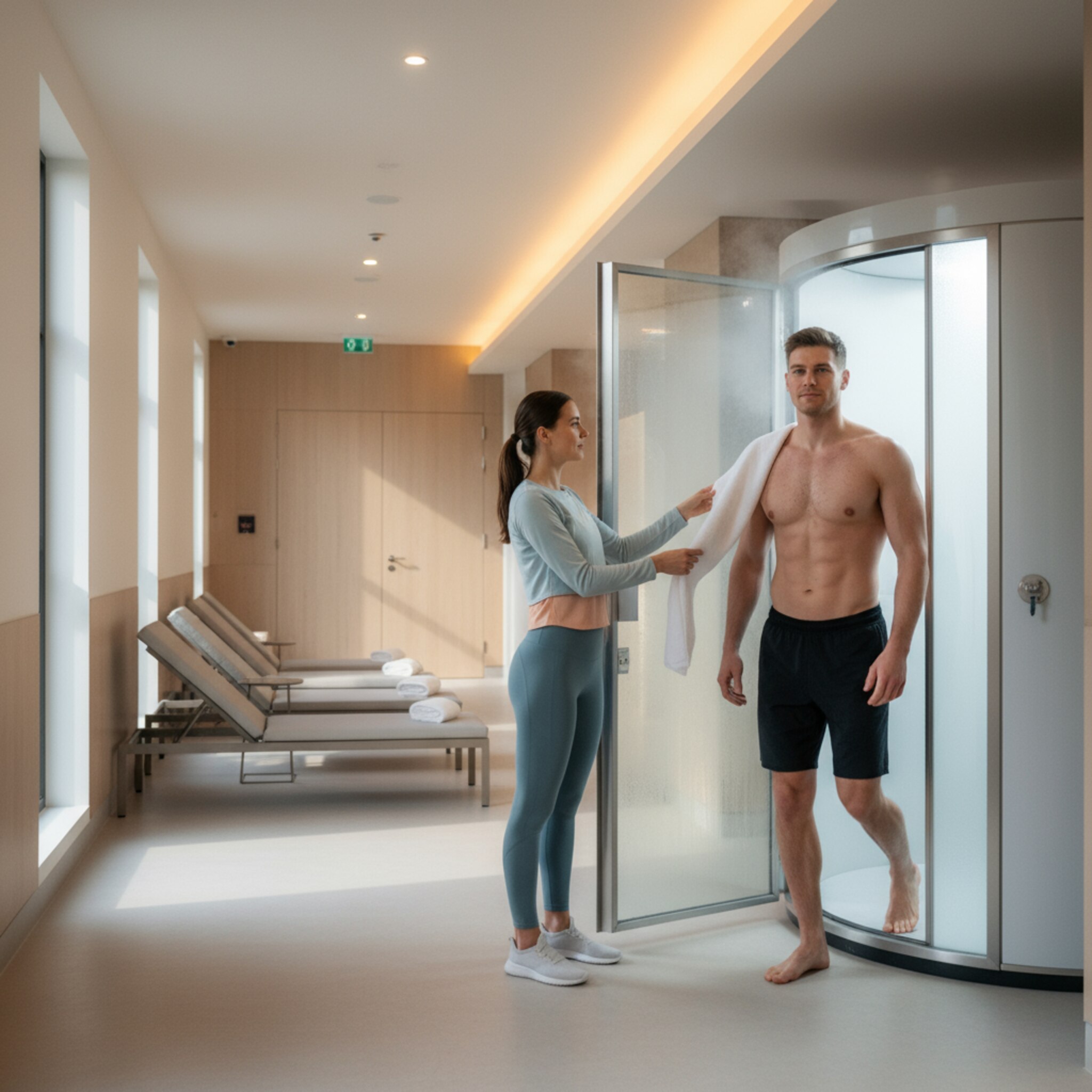 Ein Athlet tritt aus einer verglasten Kältekammer, feiner Nebel sammelt sich an seinen Schultern. Eine Trainerin legt ihm ein Handtuch um, warmes Flurlicht trifft auf den kühlen Dunst. Die Luft wirkt kristallklar, die Szene ruhig und fokussiert. Im Hintergrund warten schlichte Ruheliegen in gerader Reihe.