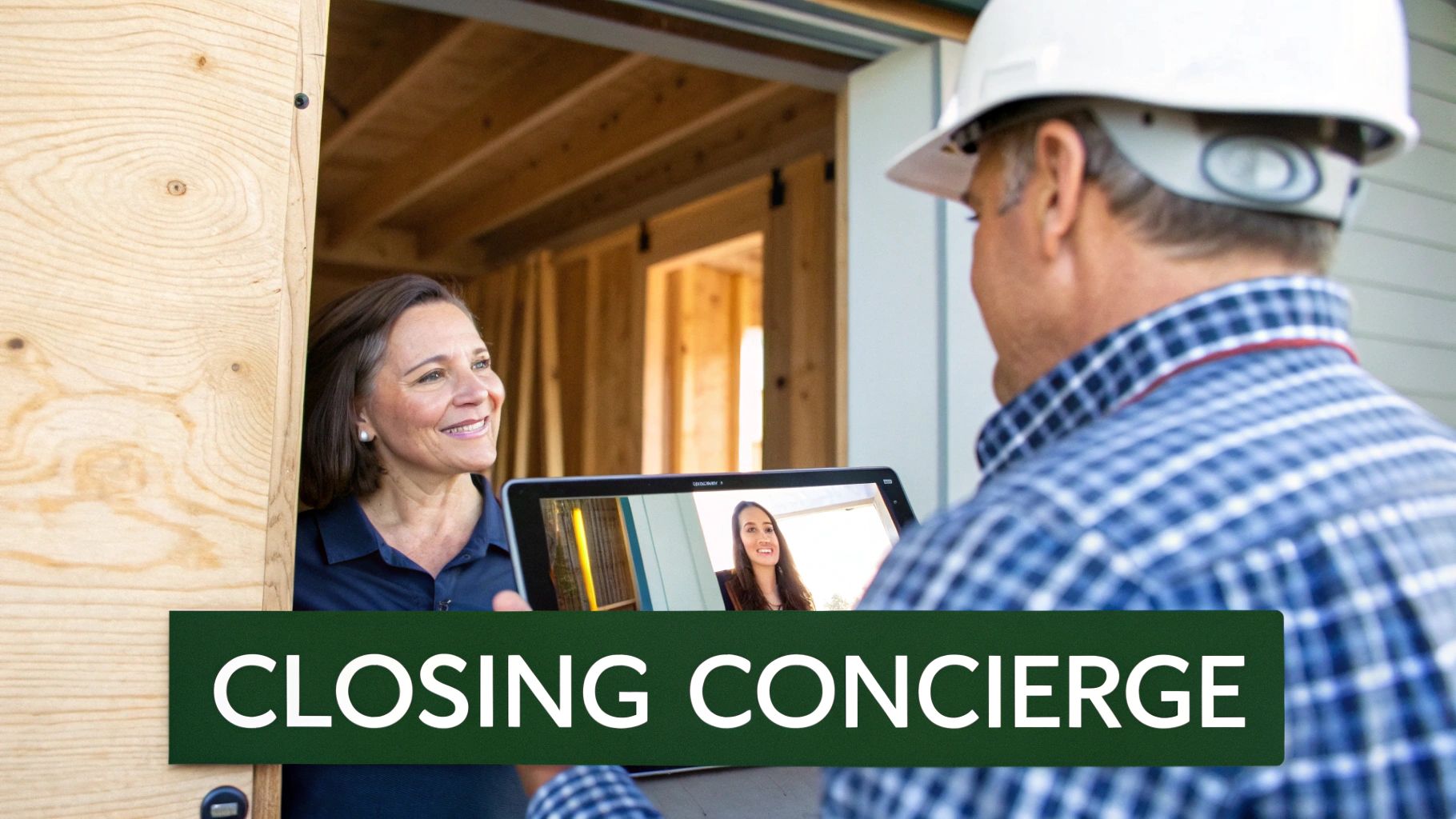 A smiling woman and a construction worker on site, viewing a video call on a tablet, with 'CLOSING CONCIERGE' overlay.