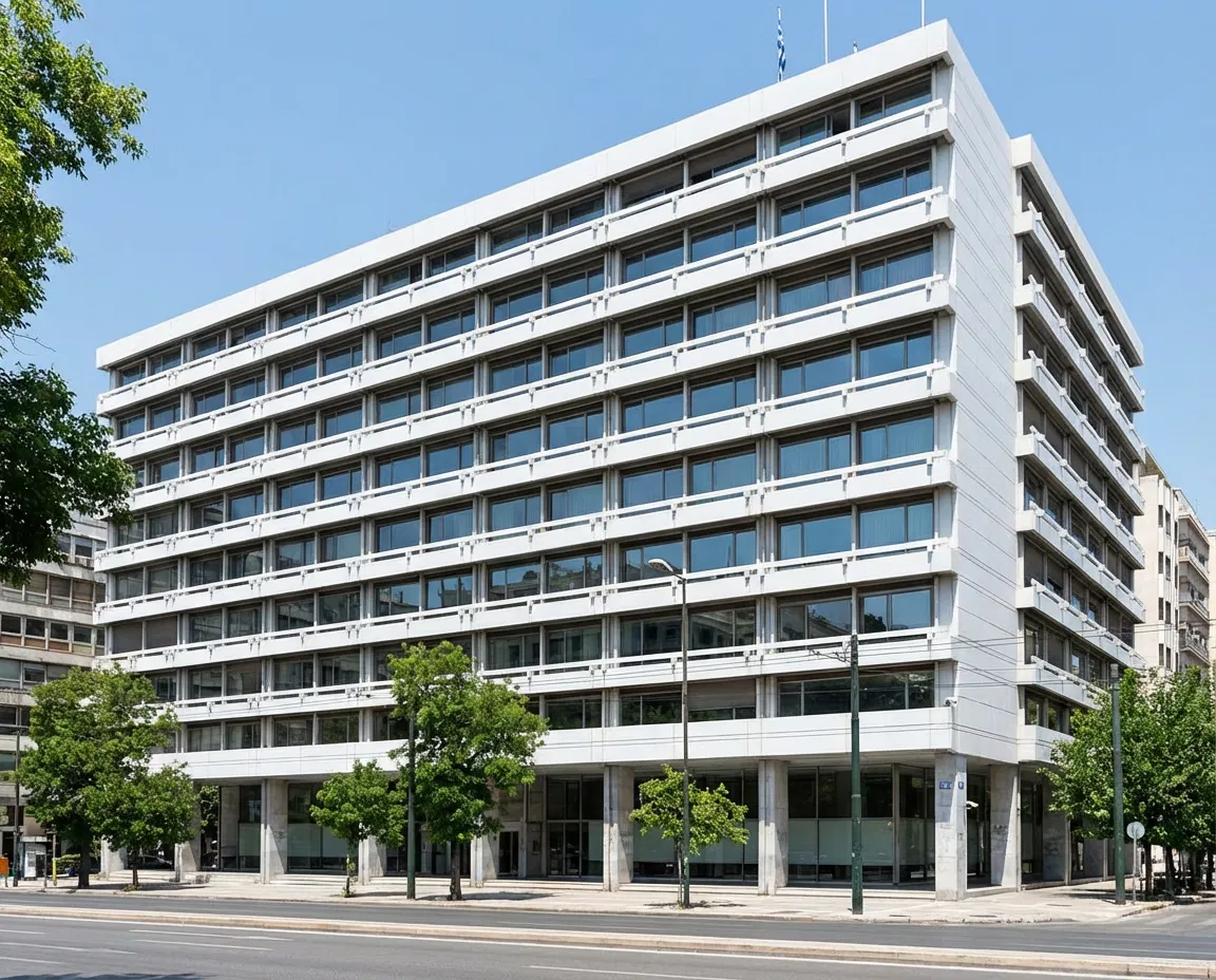 Exterior view of the Greek Ministry of Finance building in Athens.