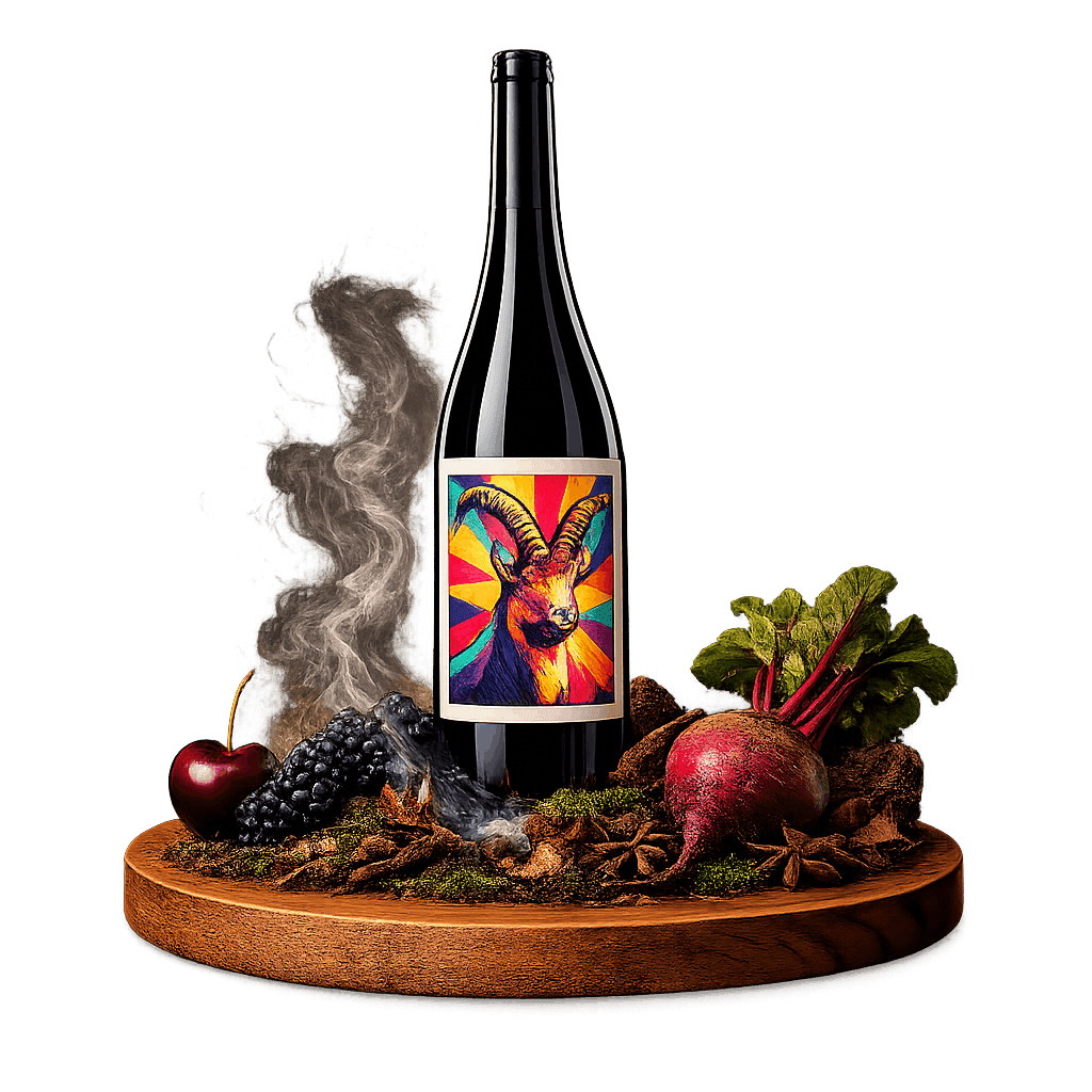 Artistic label and flavor profile for Austrian Sankt Laurent on a rustic wooden table.