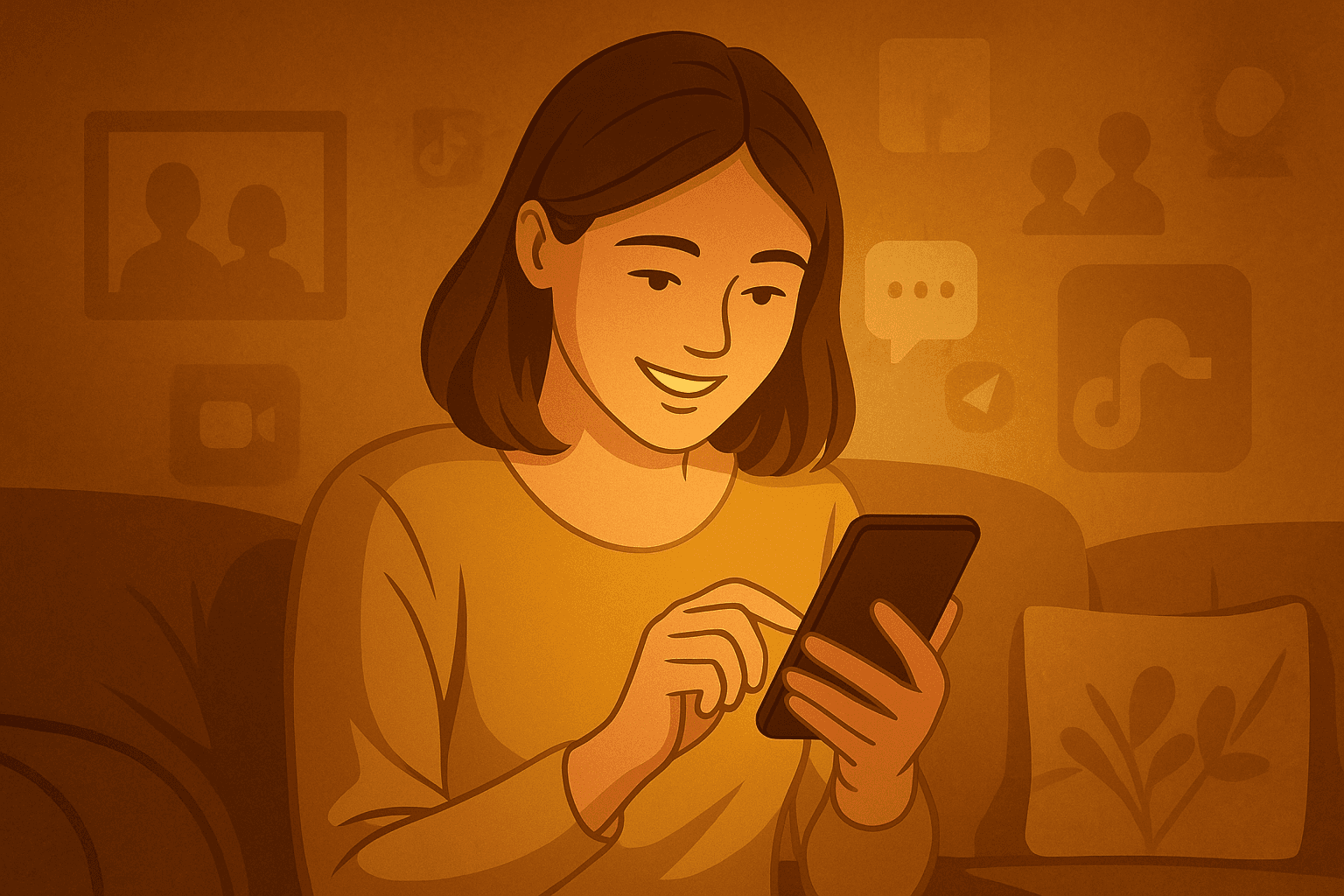 Young woman privately browsing social media alternatives in 2025 on a warm-toned digital interface with family photos.