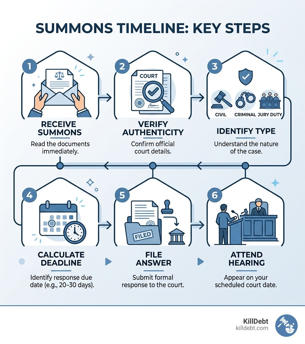 Summons timeline infographic: receive summons, verify authenticity, identify type, calculate deadline, file answer, attend