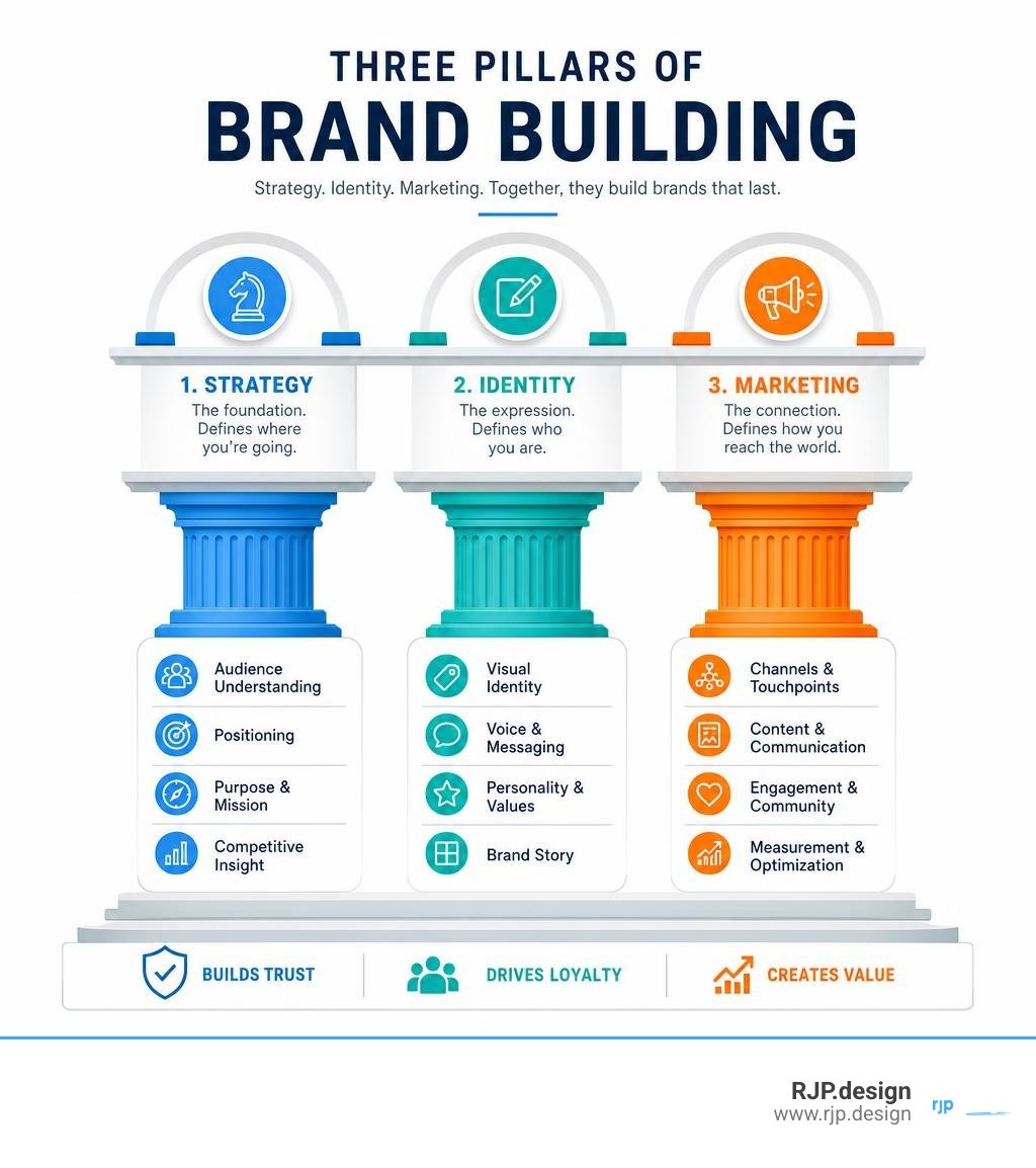 Three pillars of brand building: strategy, identity, and marketing with key components infographic