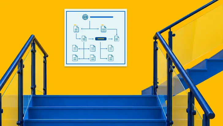 XML sitemap diagram on yellow wall with blue stairs showing SEO website structure.