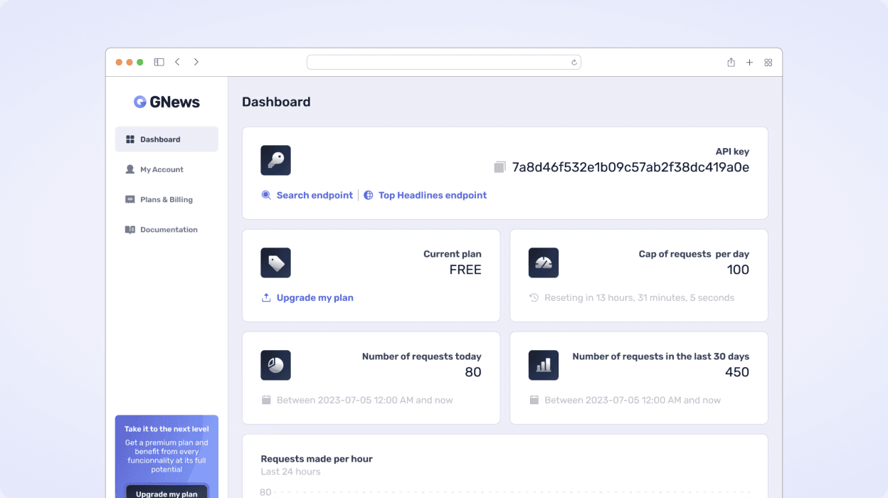 Capture d'écran de la page principale du dashboard de Gnews