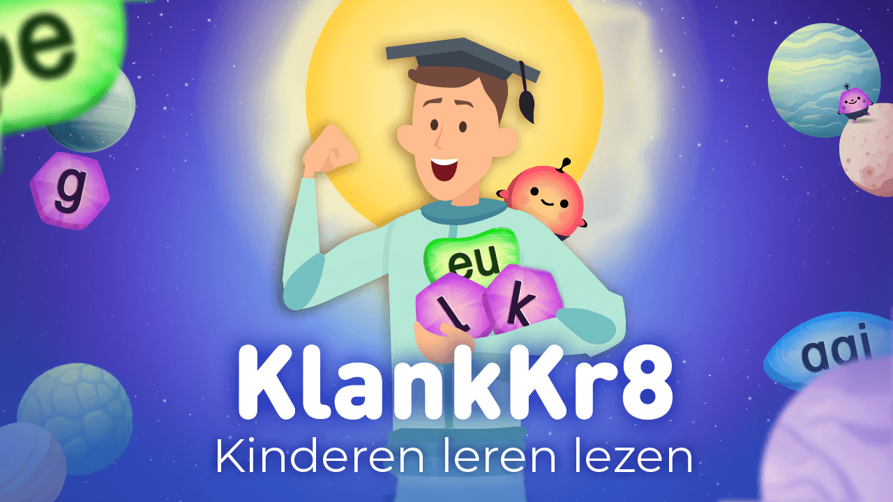 Logo KlankKr8 met het hoofdkarakter in het midden die enkele klanken vast heeft