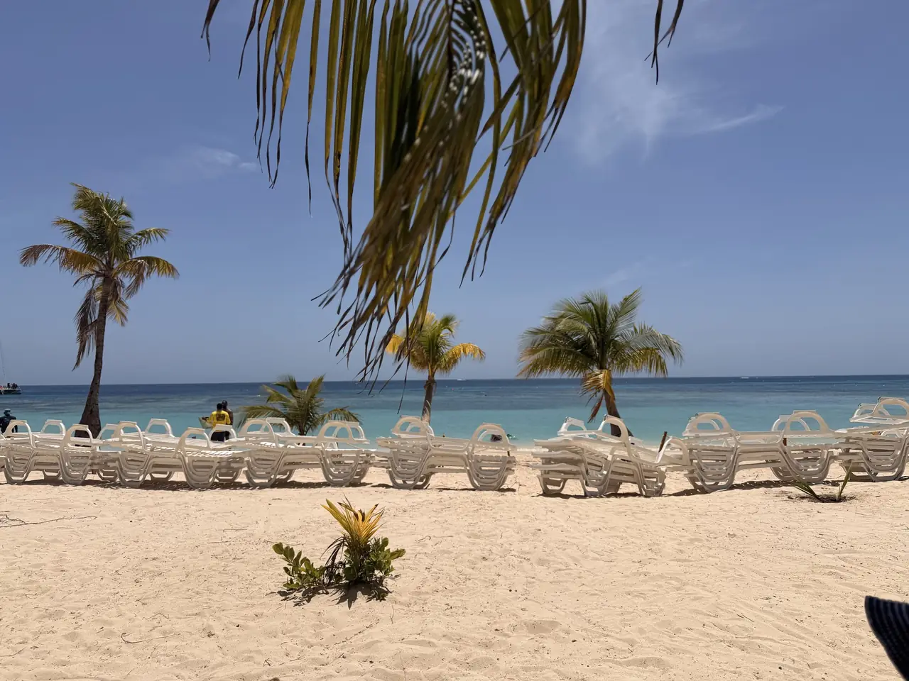 Loungers and palms along West Bay Beach on Roatán's western tip.