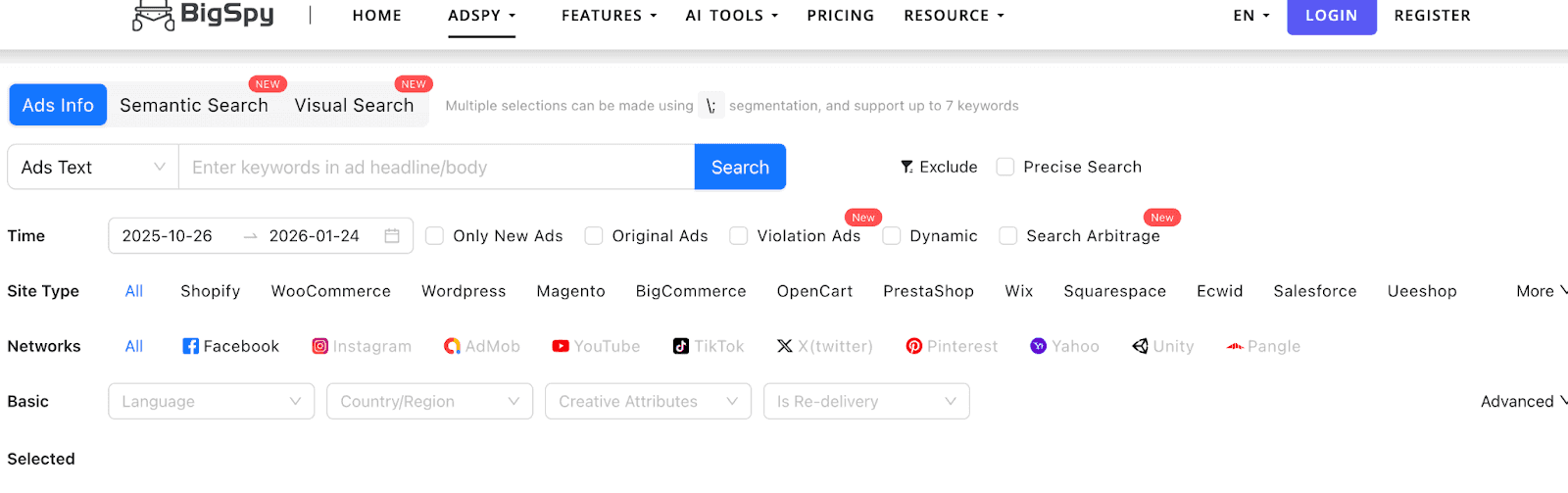 BigSpy ad research dashboard