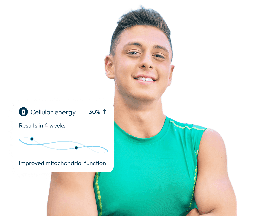 A man with an illustration of his health metrics improvement