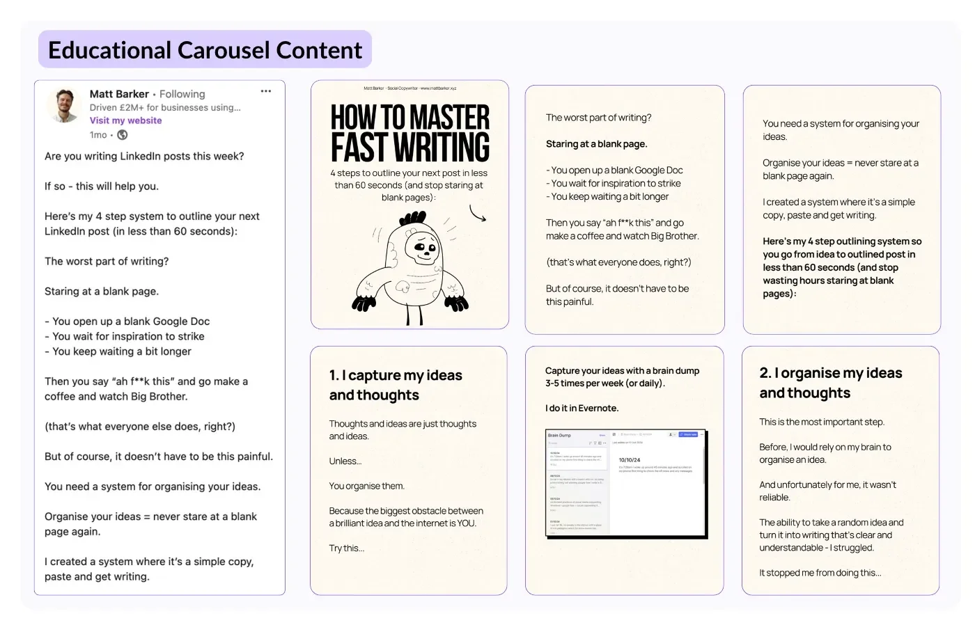 An example of an educational LinkedIn post by Matt Barker, covering how to master fast writing