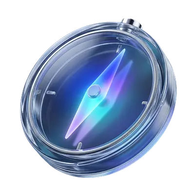 Transparent compass with glowing blue needle