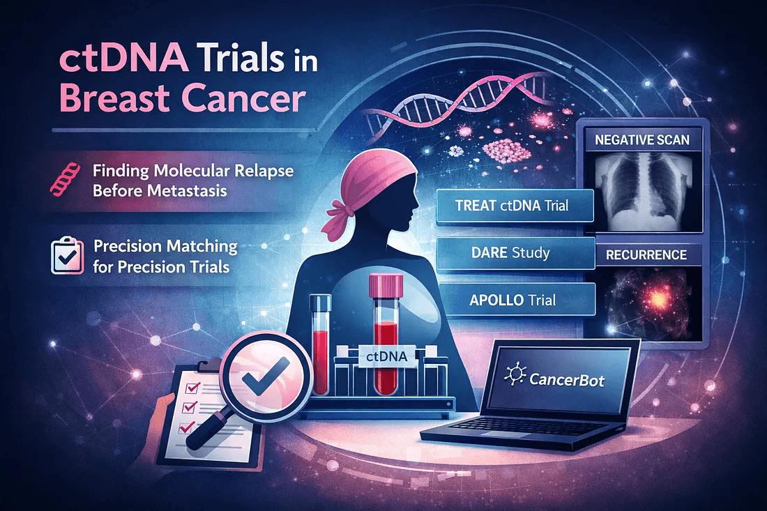 Concept illustration of ctDNA trials in breast cancer showing TREAT ctDNA, DARE and APOLLO studies detecting molecular relapse before metastasis