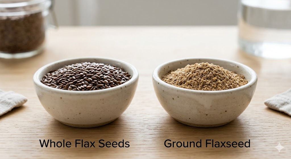 A side-by-side macro photograph of two small, beige ceramic bowls. The left bowl is filled with whole brown flax seeds and is labeled 'Whole Flax Seeds' below it. The right bowl contains light-brown ground flaxseed powder and is labeled 'Ground Flaxseed'. They rest on a light, rustic wooden surface. Natural daylight illuminates the textures clearly, against a neutral, softly blurred background, presented in a clean, health-focused editorial style.