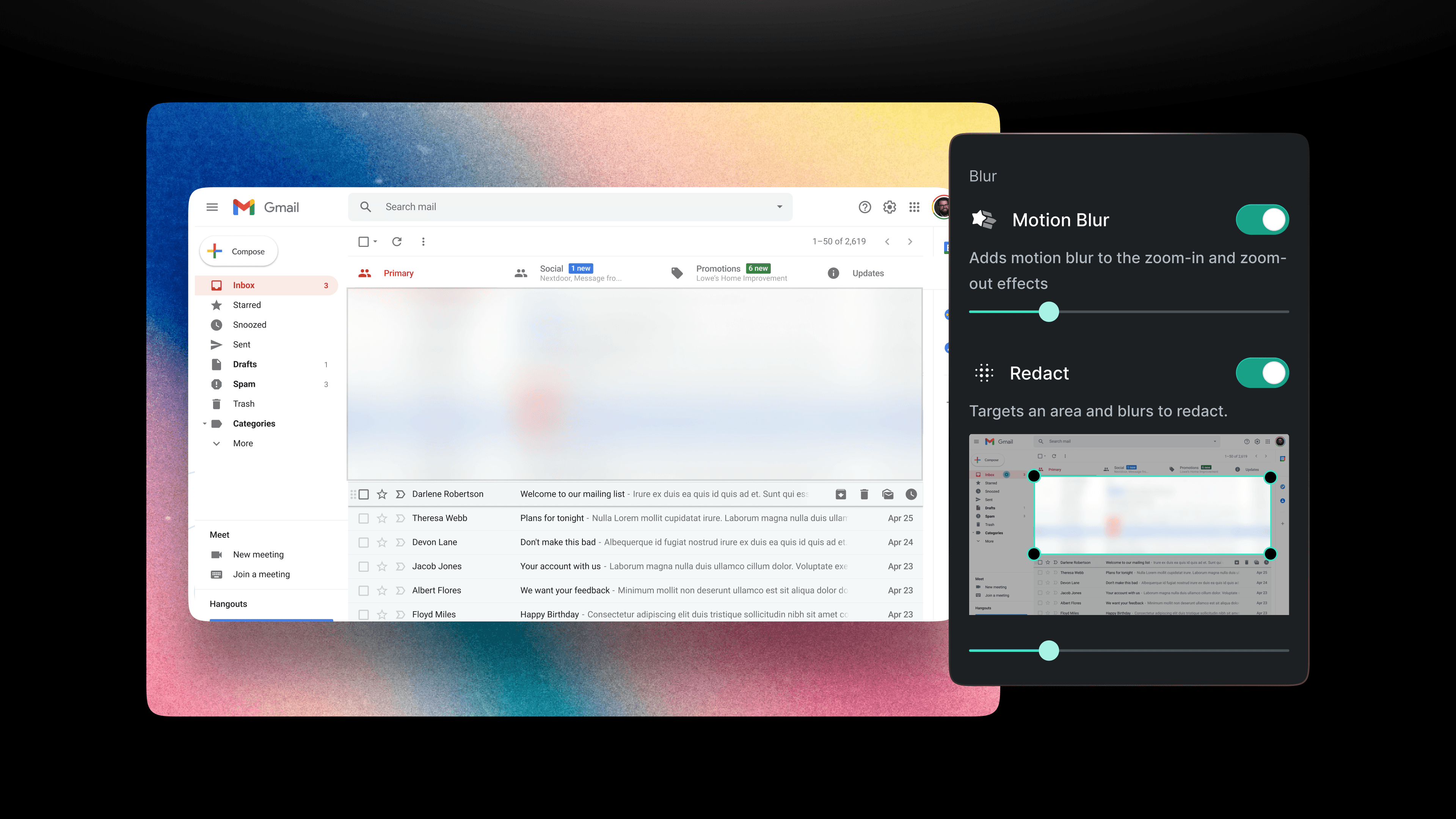 An illustration showcasing a Gmail inbox interface with a motion blur effect applied to emails, highlighting privacy and security options to enhance user experience.