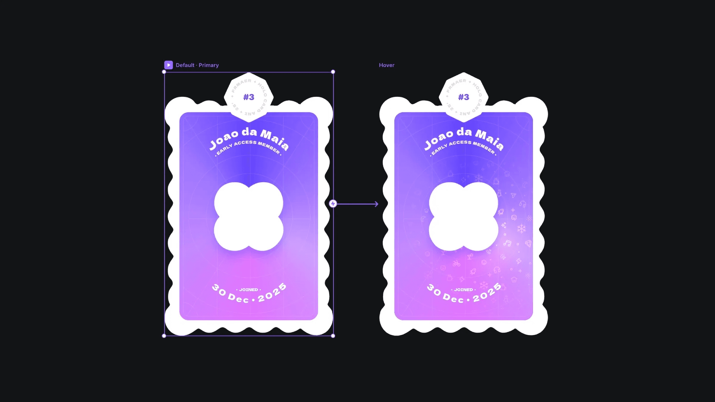 Membership card component showing default and hover state variants