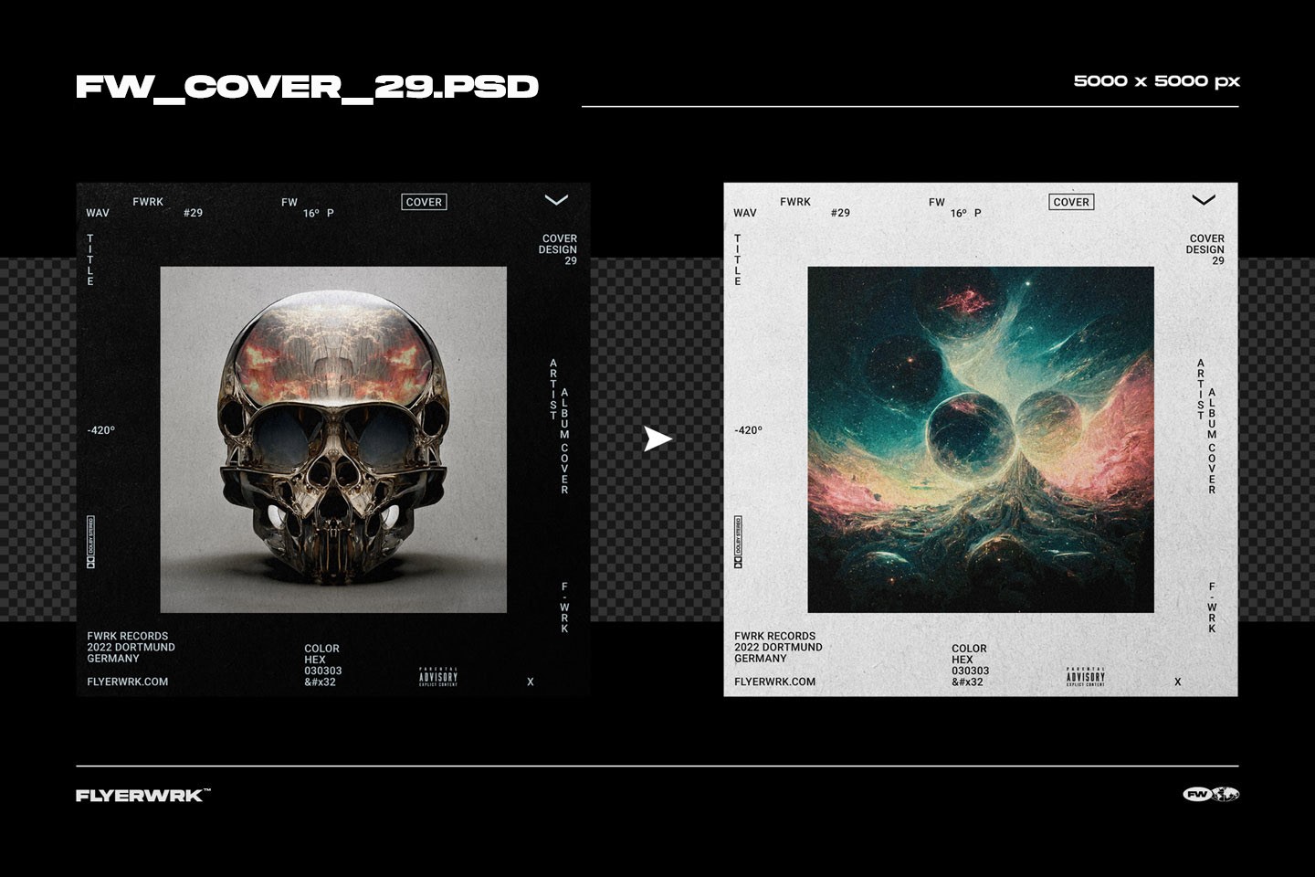 Two variations of an album cover template showing a chrome skull and a cosmic nebula