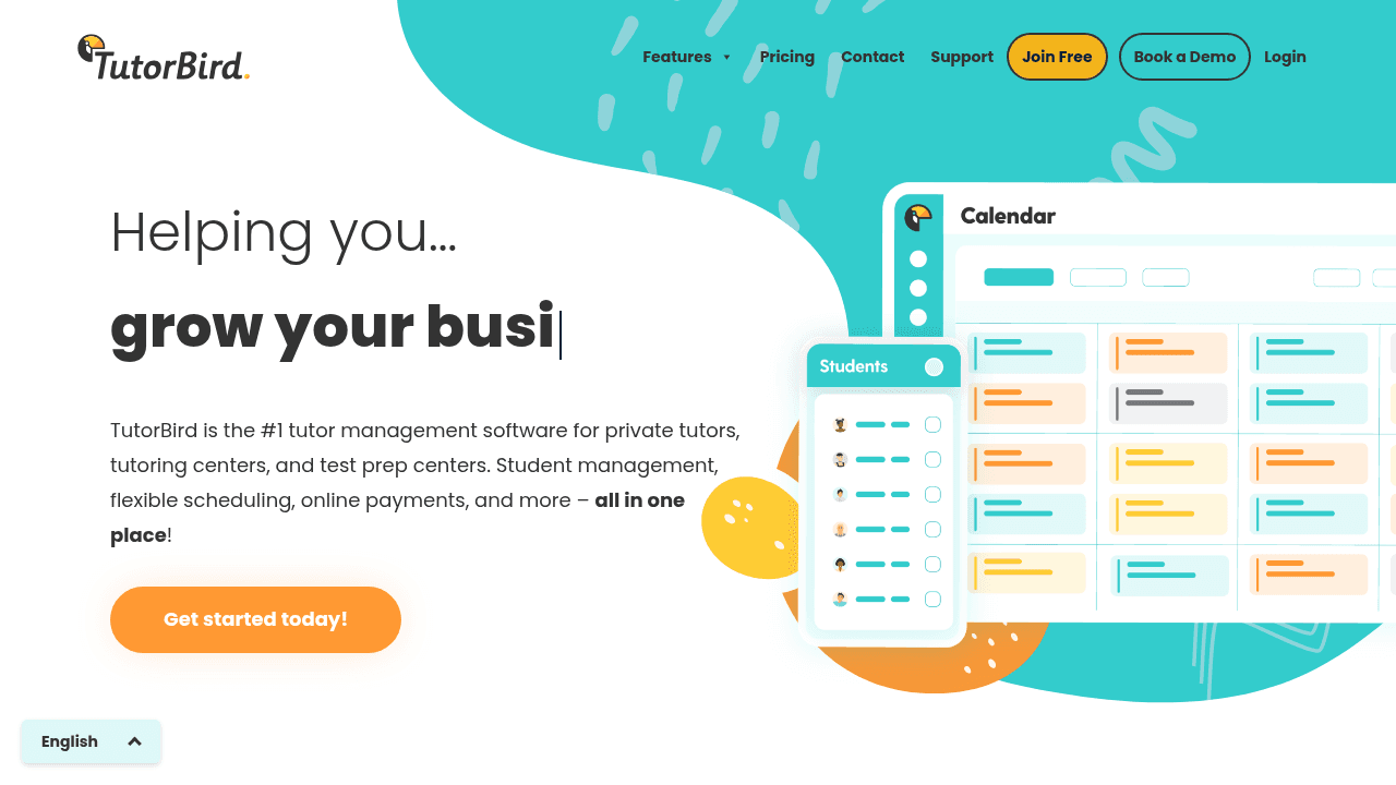 TutorBird tutoring software homepage featuring simple scheduling and billing tools for solo tutors