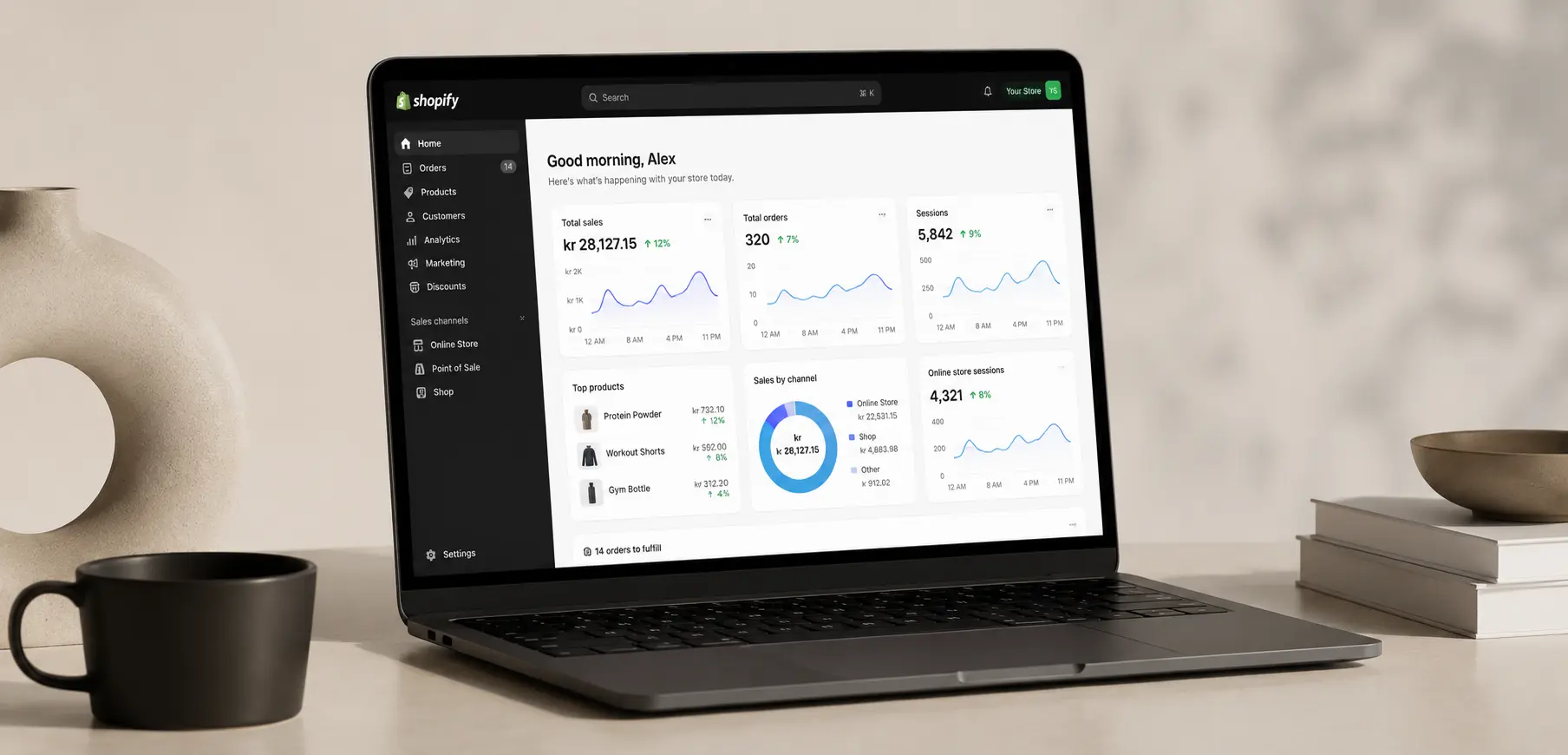 Shopify webshop dashboard med overblik over salg, ordrer og besøgende