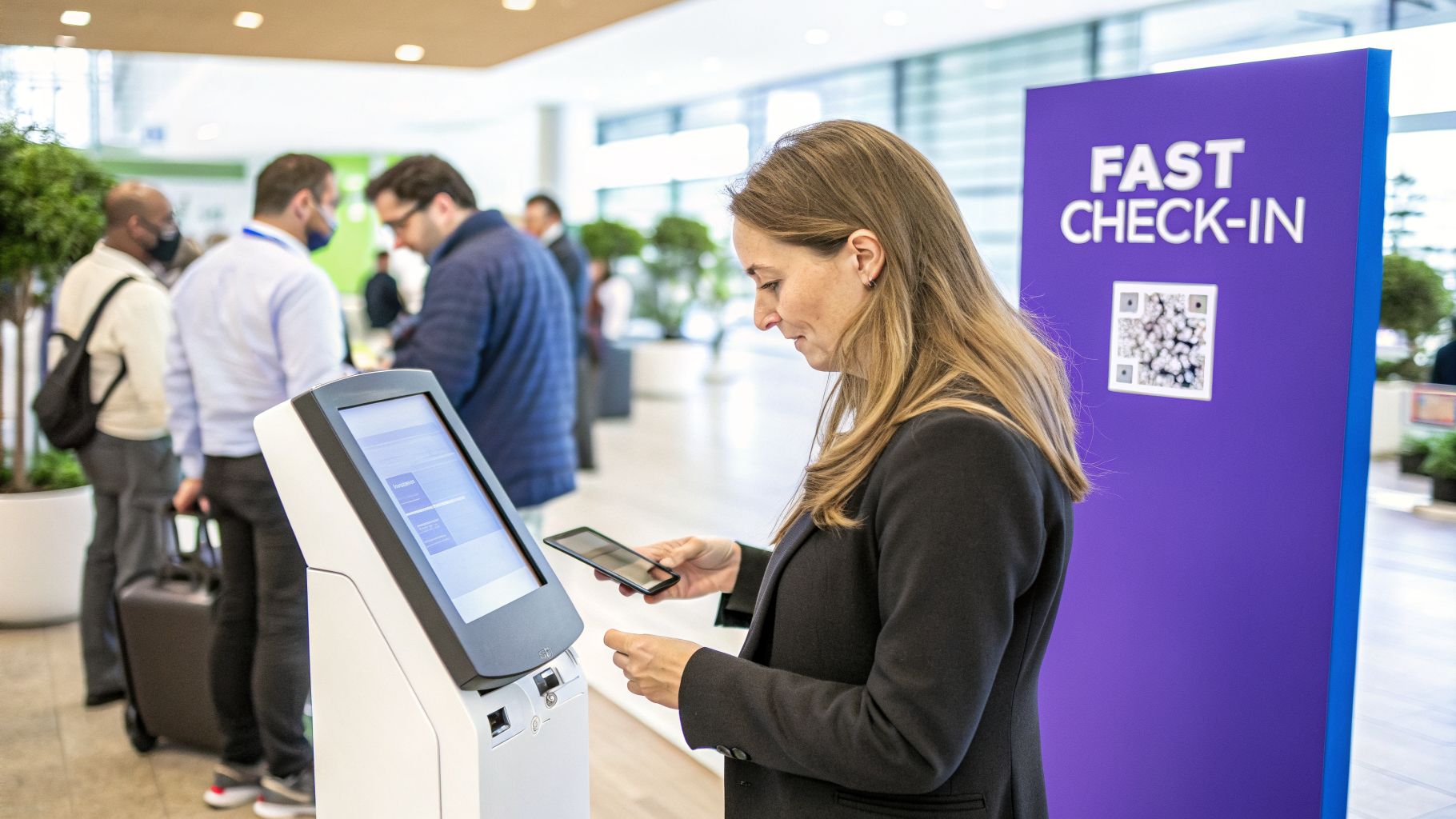 Woman using a self-service check-in kiosk, holding a smartphone next to a 'FAST CHECK-IN' sign.