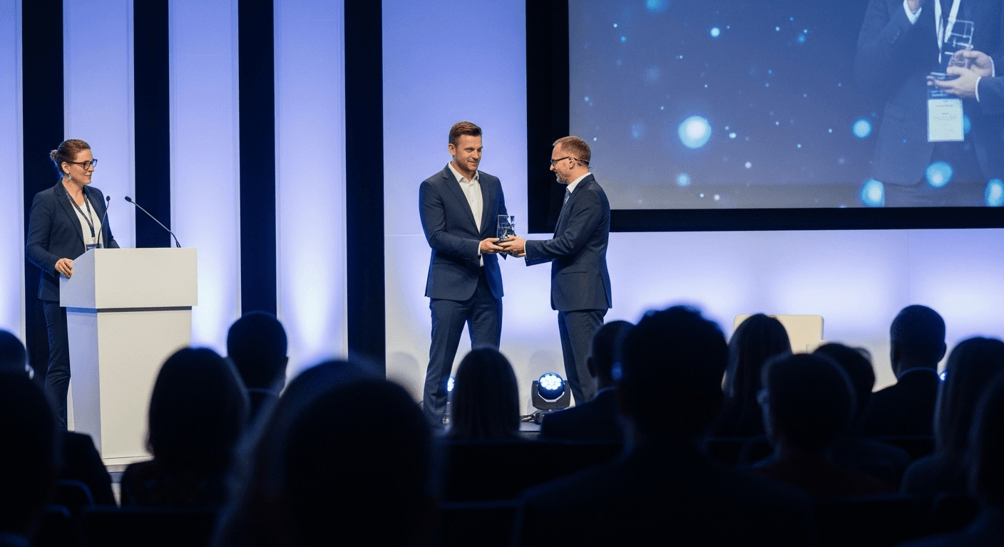 Man in suit receiving an award on stage during a business conference, with another man and a woman in the background.