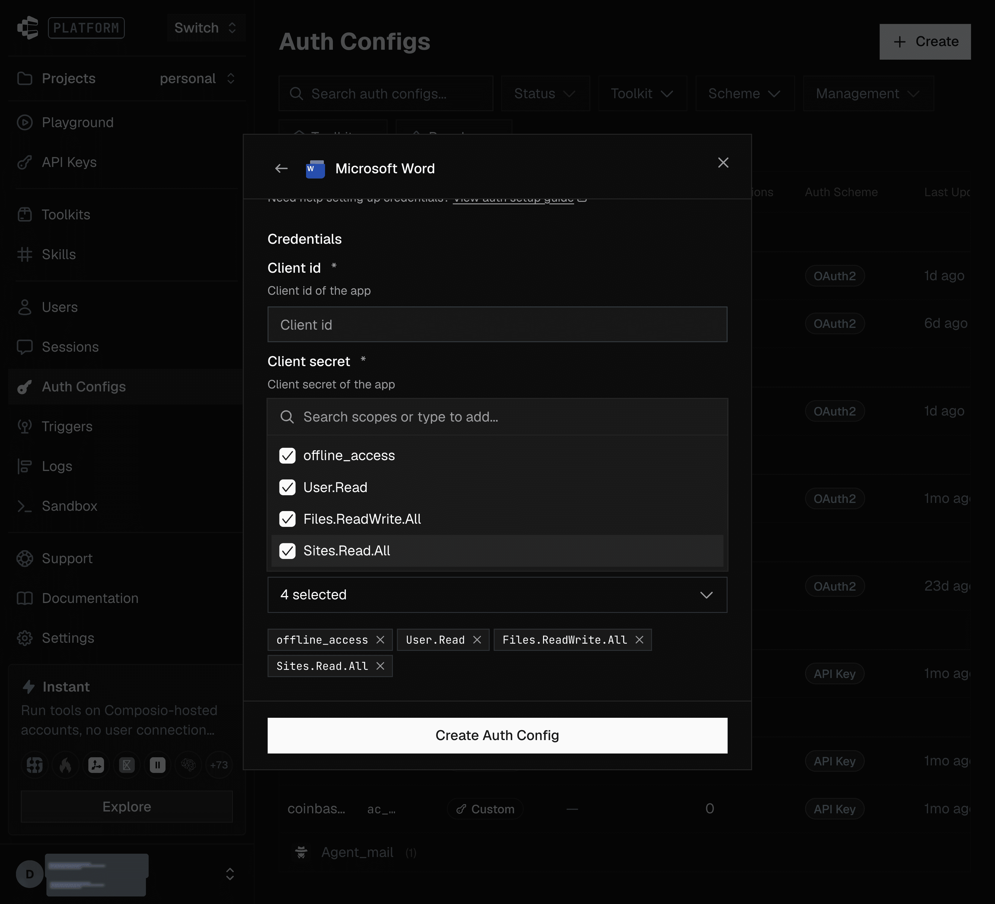 Scopes selected in the Composio auth config