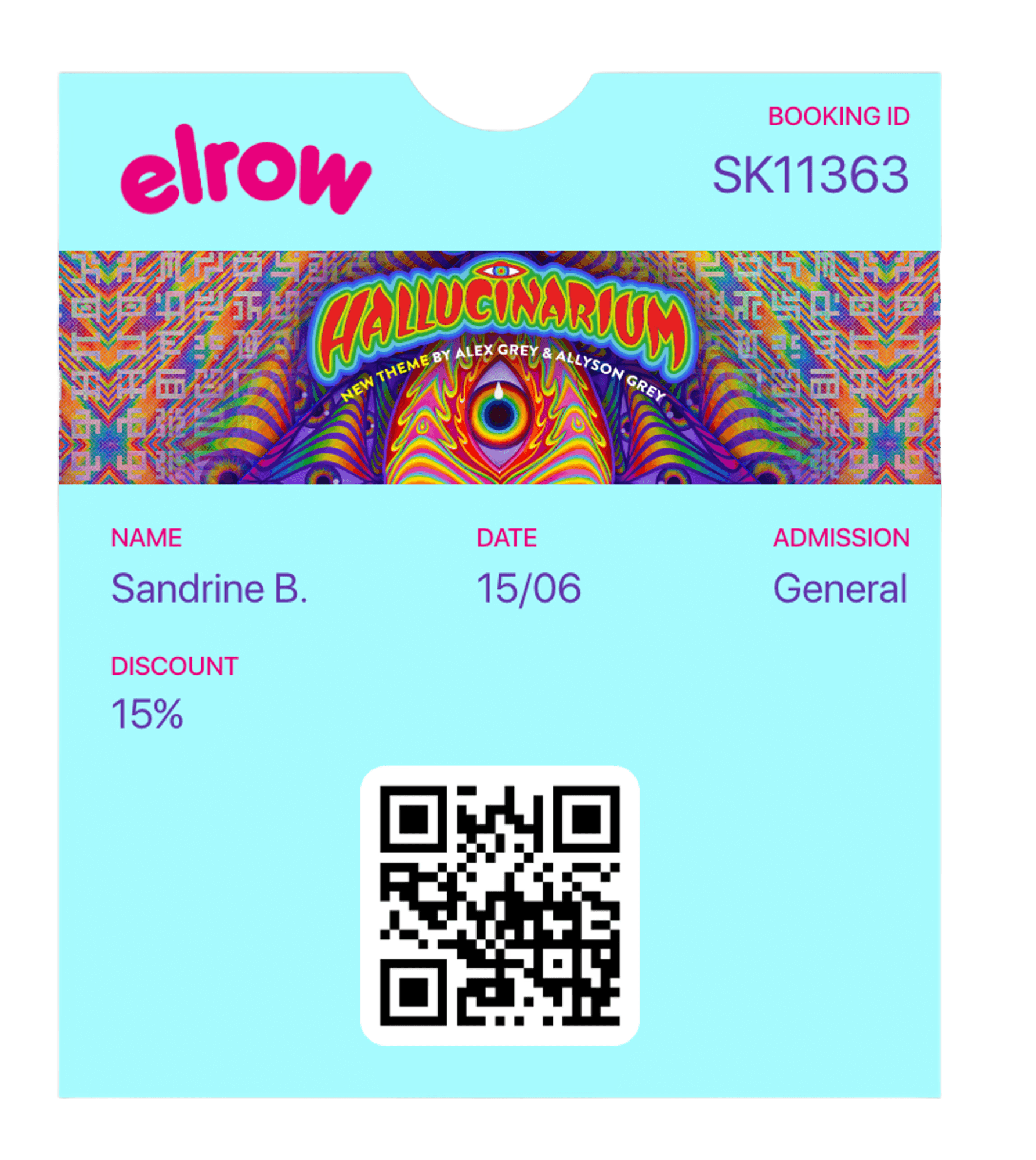 A colorful event badge with a QR code, name, date, and location details. Vibrant design with psychedelic patterns.