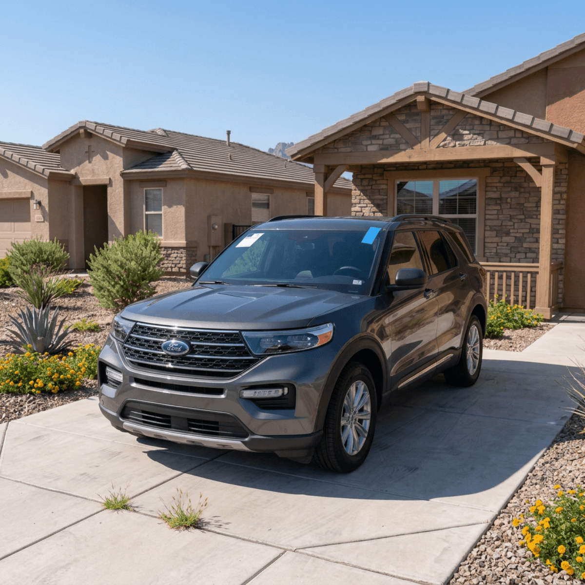Bronze Ford Explorer parked at an Eloy, AZ home after receiving a full windshield swap from Bang AutoGlass