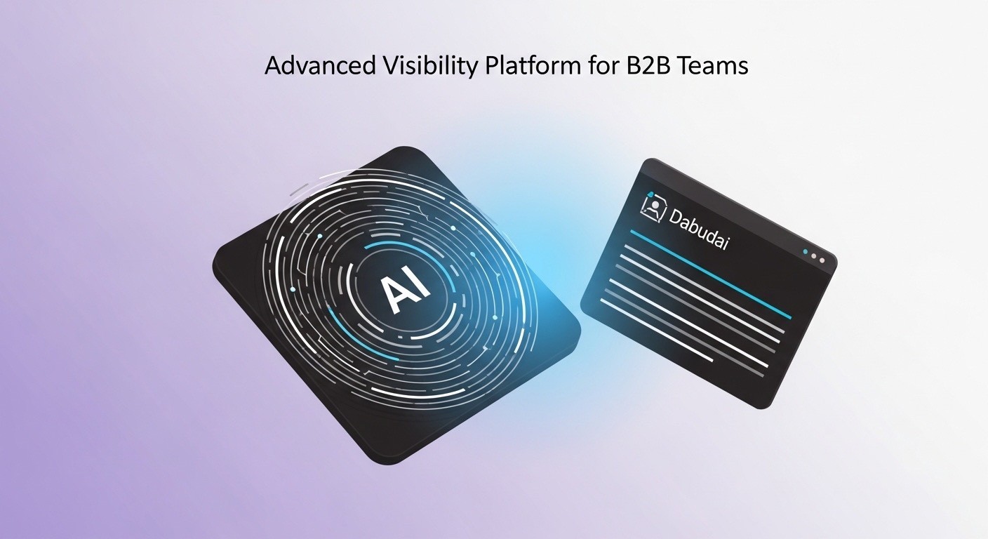 Advanced AI search visibility platform for B2B teams, showing an AI engine connected to a visibility analytics dashboard.
